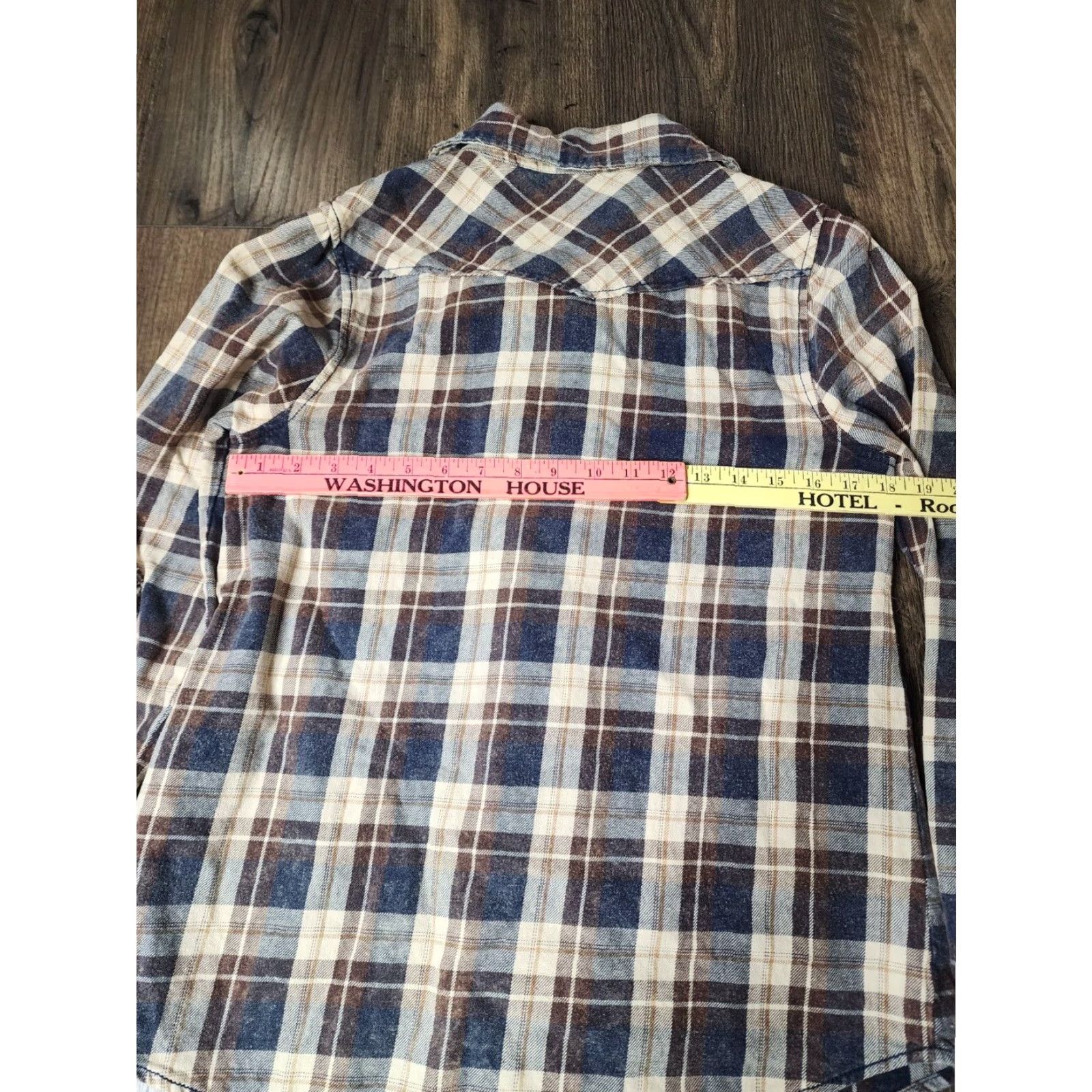 Vintage Buckle Plaid Flannel Shacket Womens M Brown Mid-Length Button Front Size M / US 6-8 / IT 42-44 - 3 Thumbnail