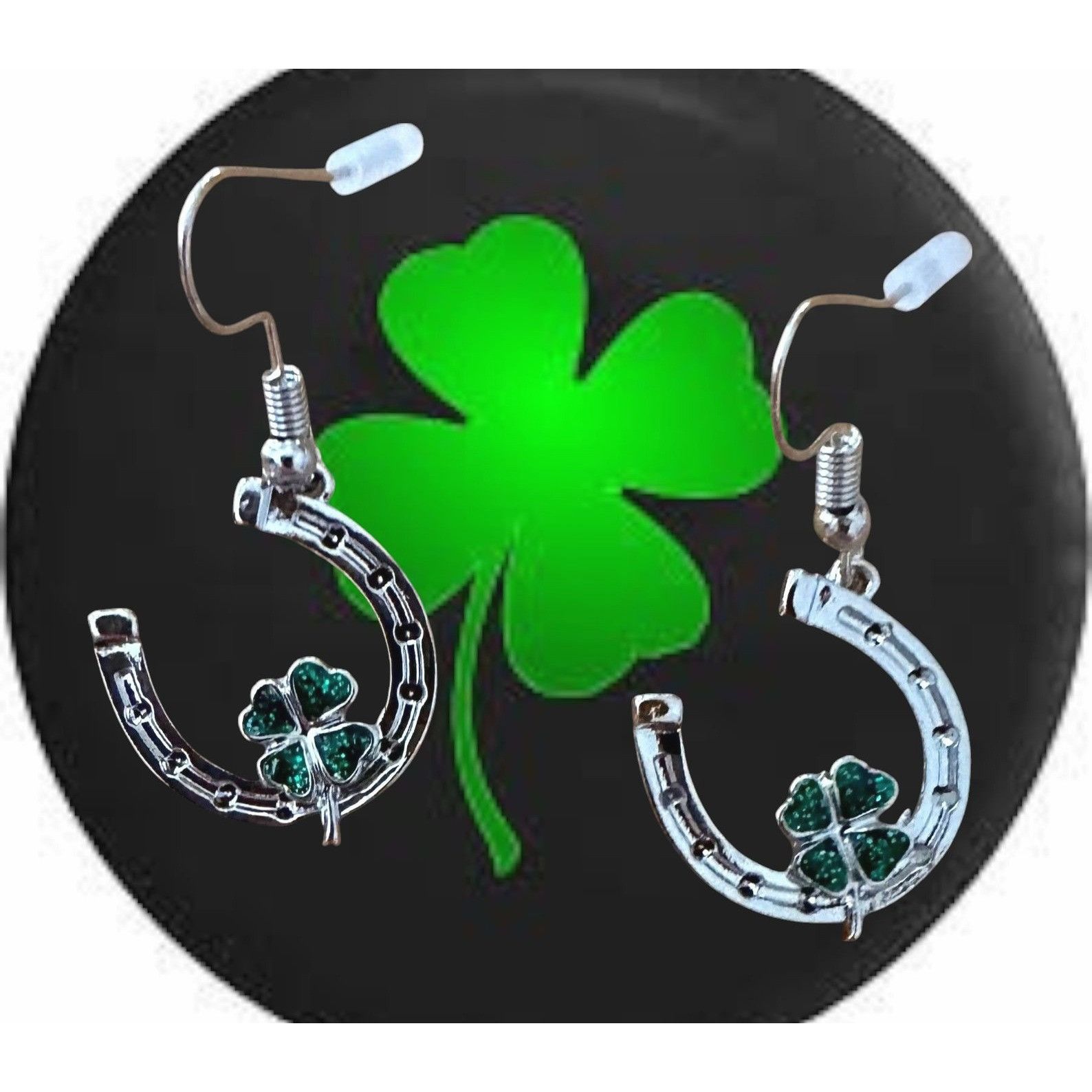Handmade Horseshoe Clover Earrings St Patricks Day Lucky Irish Dangle Size ONE SIZE - 1 Thumbnail