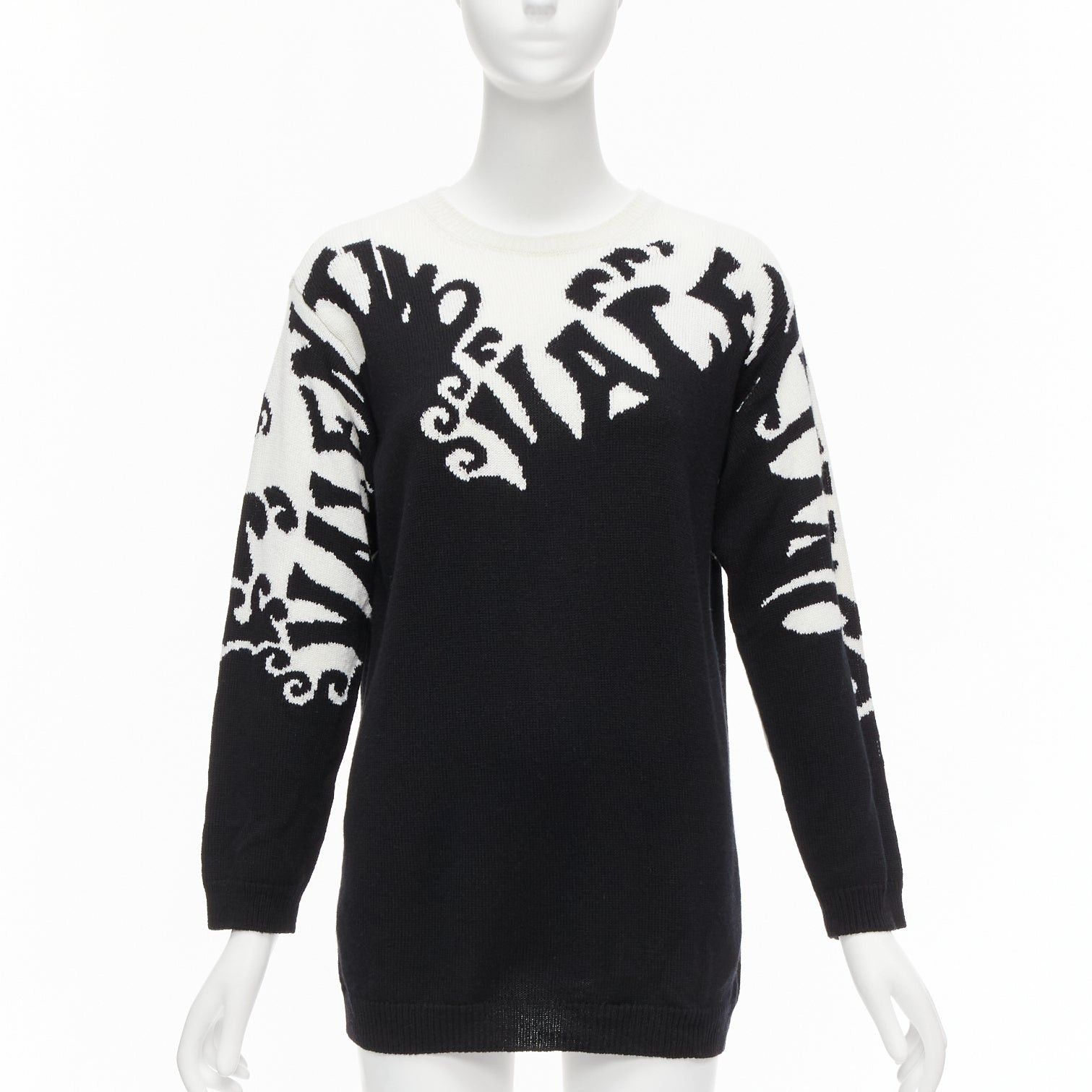 image of Valentino 100% Cashmere Waves Logo Intarsia Black White Graphic Sweater Xxs, Women's