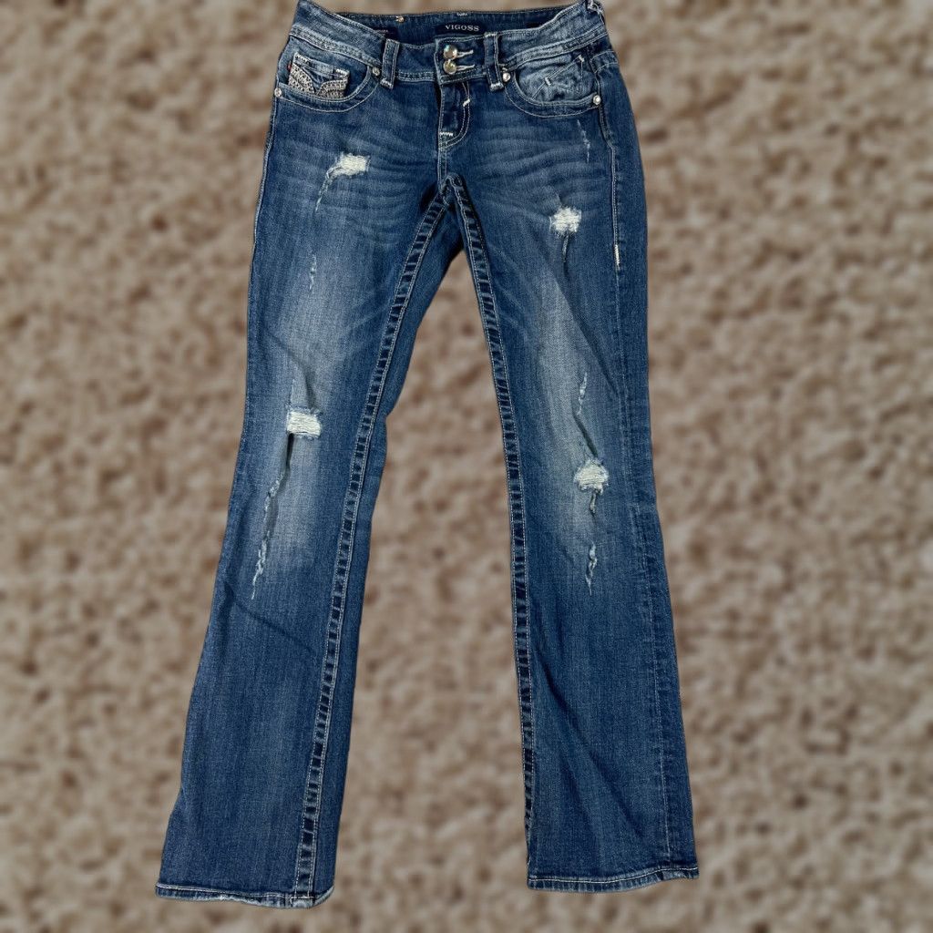 Vintage VIGOSS Womens Jeans Bootcut 4 Blue Denim Slim Distressed Embroidered Zip Fly Pant Size 27" / US 4 / IT 40 - 1 Thumbnail