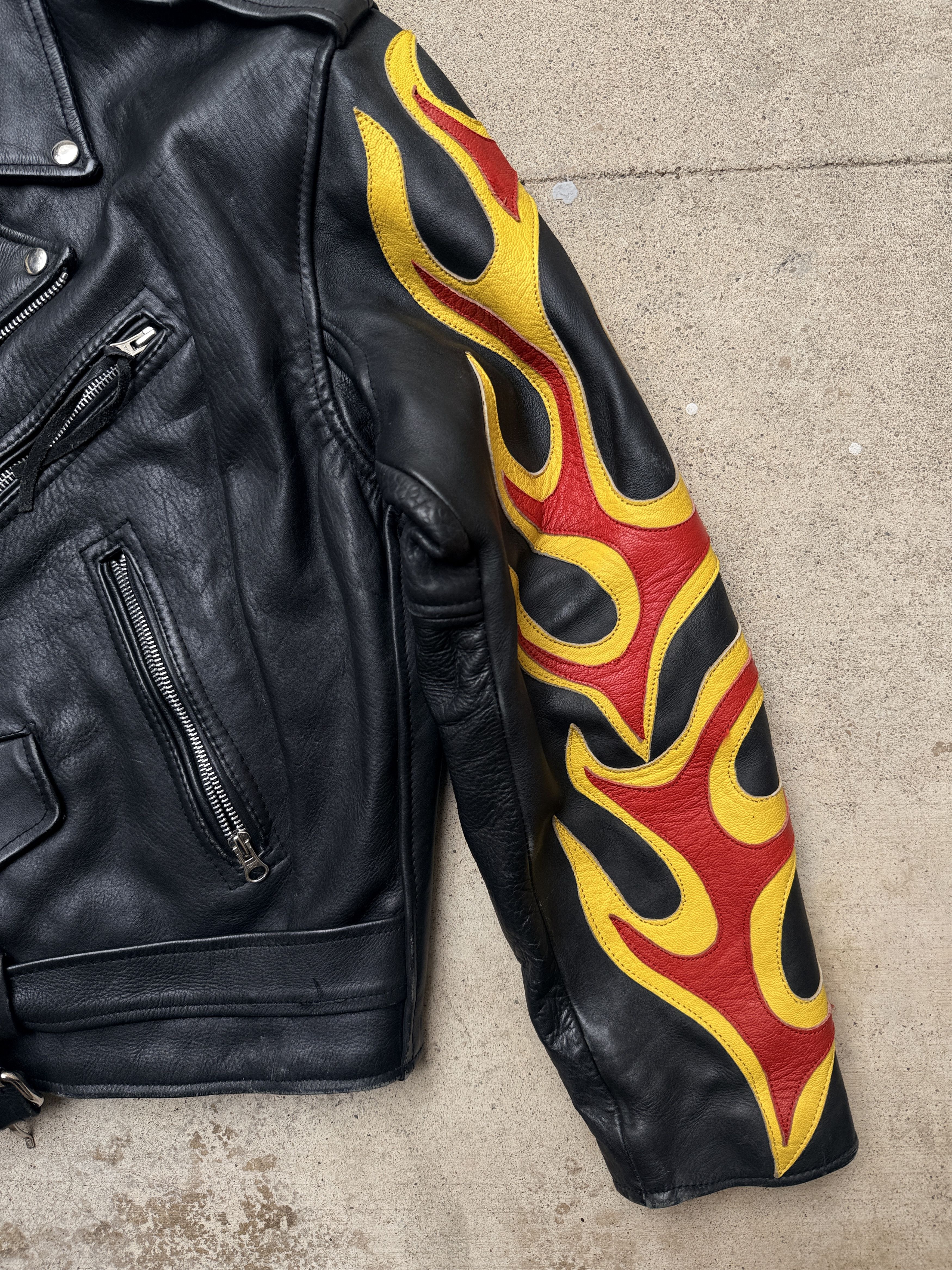 Vintage vintage black leather jacket flames punk rock biker rider Size US XL / EU 56 / 4 - 3 Thumbnail
