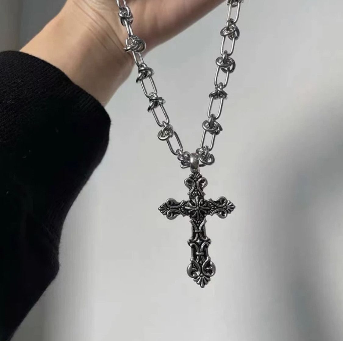 Jewelry Cross Linked Chain Punk Gothic Necklace in Silver, Men's