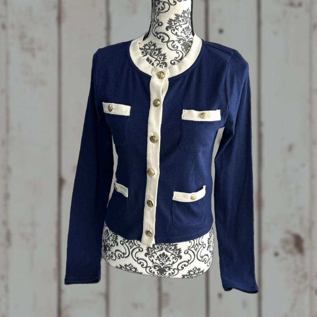 J.Crew J.CREW Cardigan Stripe Gold Crest Button Rib Knit Blue M Women Regular Pockets Lightweight Vintage No Size M / US 6-8 / IT 42-44 - 1 Thumbnail
