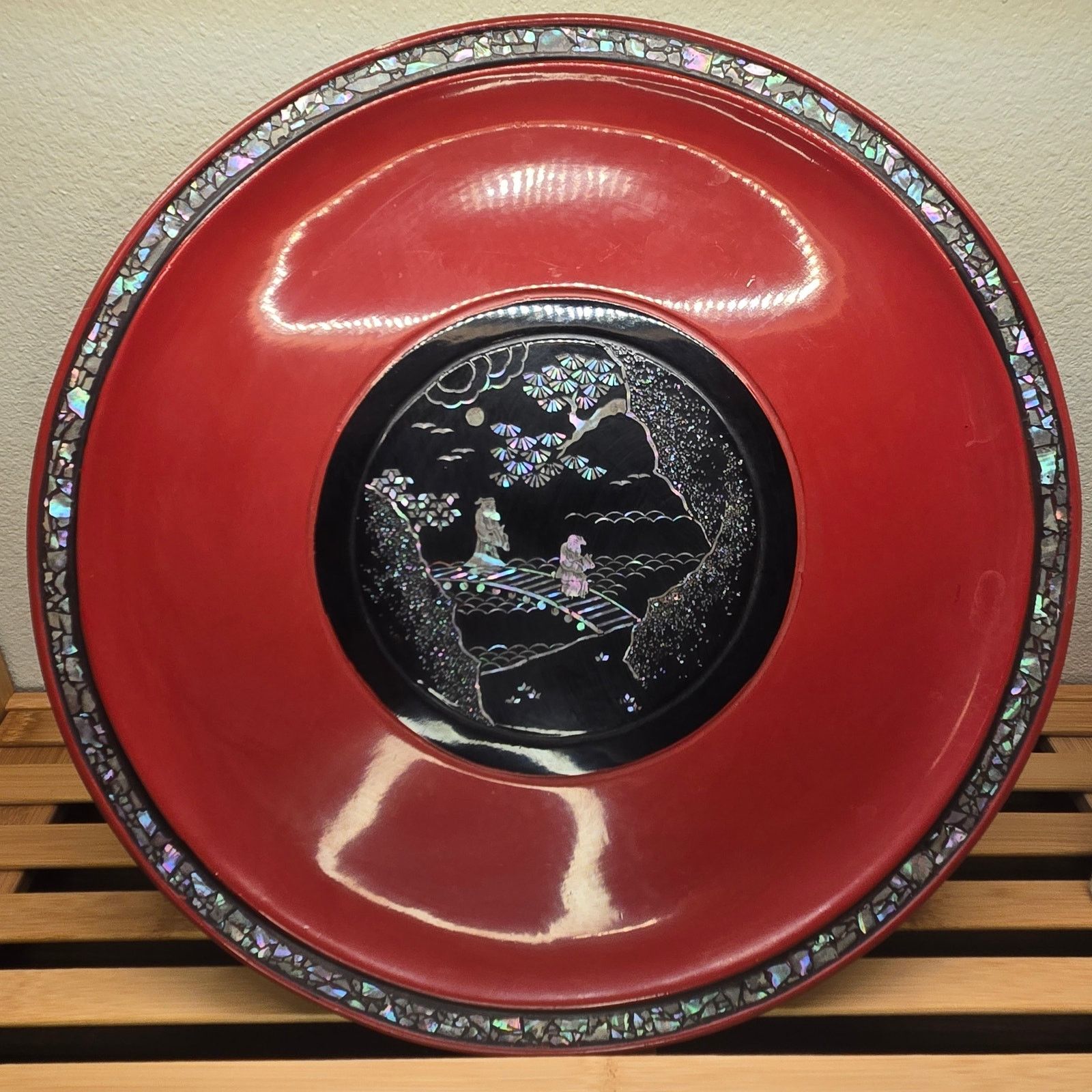Vintage Antique Japanese Ryukyuan Lacquerware Plate Mother of Pearl Size 26 - 1 Thumbnail