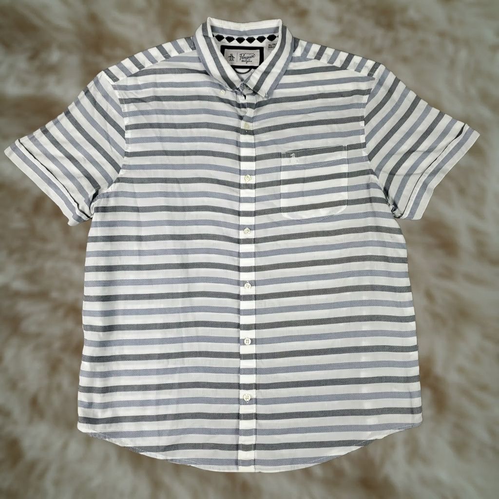 Original Penguin Penguin Shirt Mens Size XL Blue Striped Button-Up Short Sleeve Size US XL / EU 56 / 4 - 1 Thumbnail
