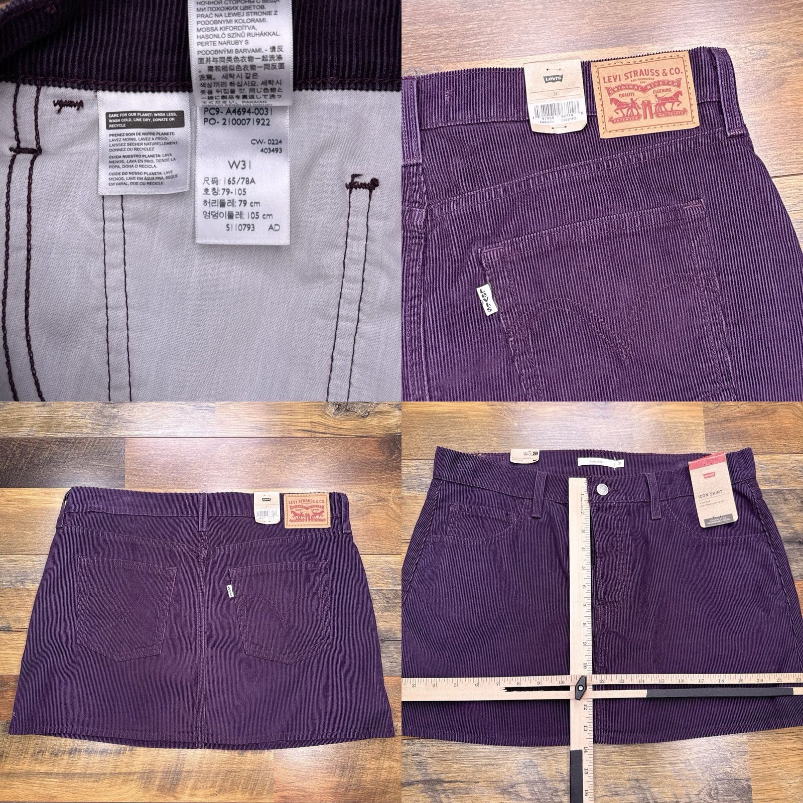 Levi's Levi's Icon Skirt Womens 31 Corduroy Mid Rise Mini Burgundy Cotton Pockets Logo Button Size 24" / US 00 / IT 34 - 8 Thumbnail