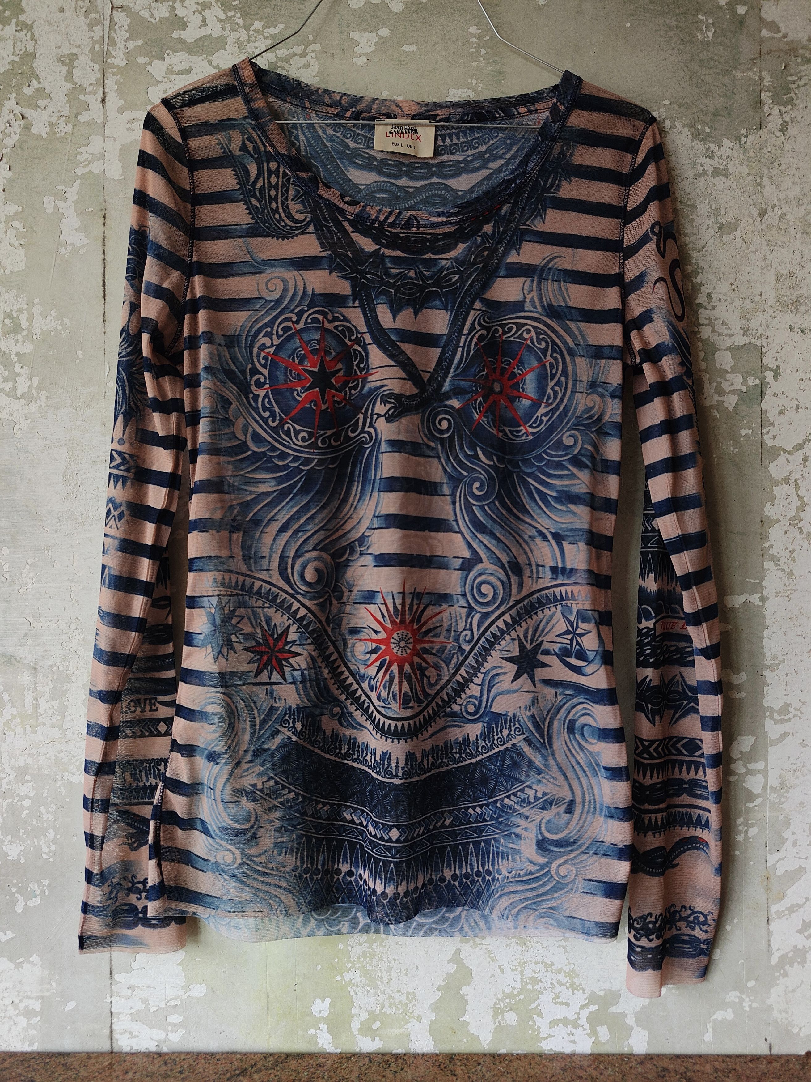 Jean Paul Gaultier × Vintage Vintage Jean Paul Gaultier mesh top blouse print tattoo Size L / US 10 / IT 46 - 1 Thumbnail