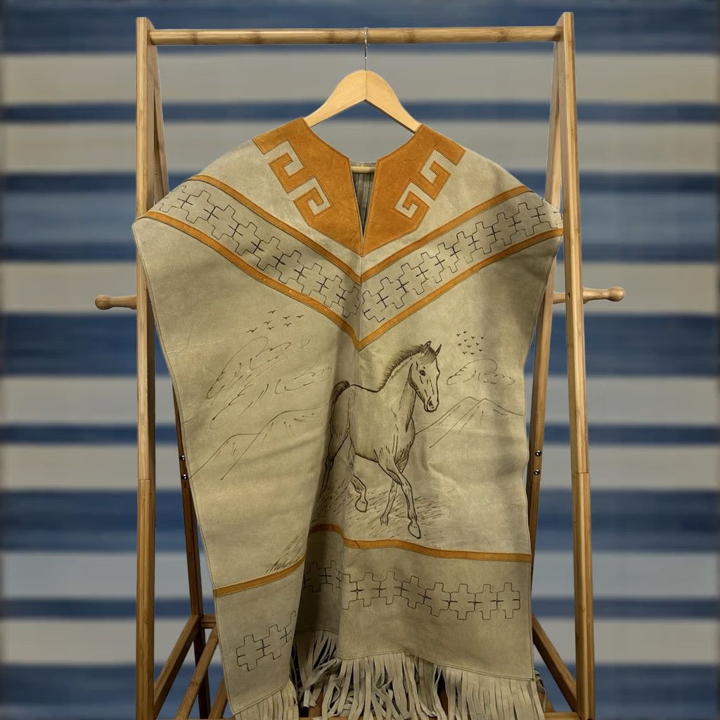 Vintage VTG Leather Poncho Fringe Beige Wild Horse Artwear Western Southwest Poncho Womens One Size Brown Leather Fringe 90s Style Vintage Mens Womens Size ONE SIZE - 1 Thumbnail
