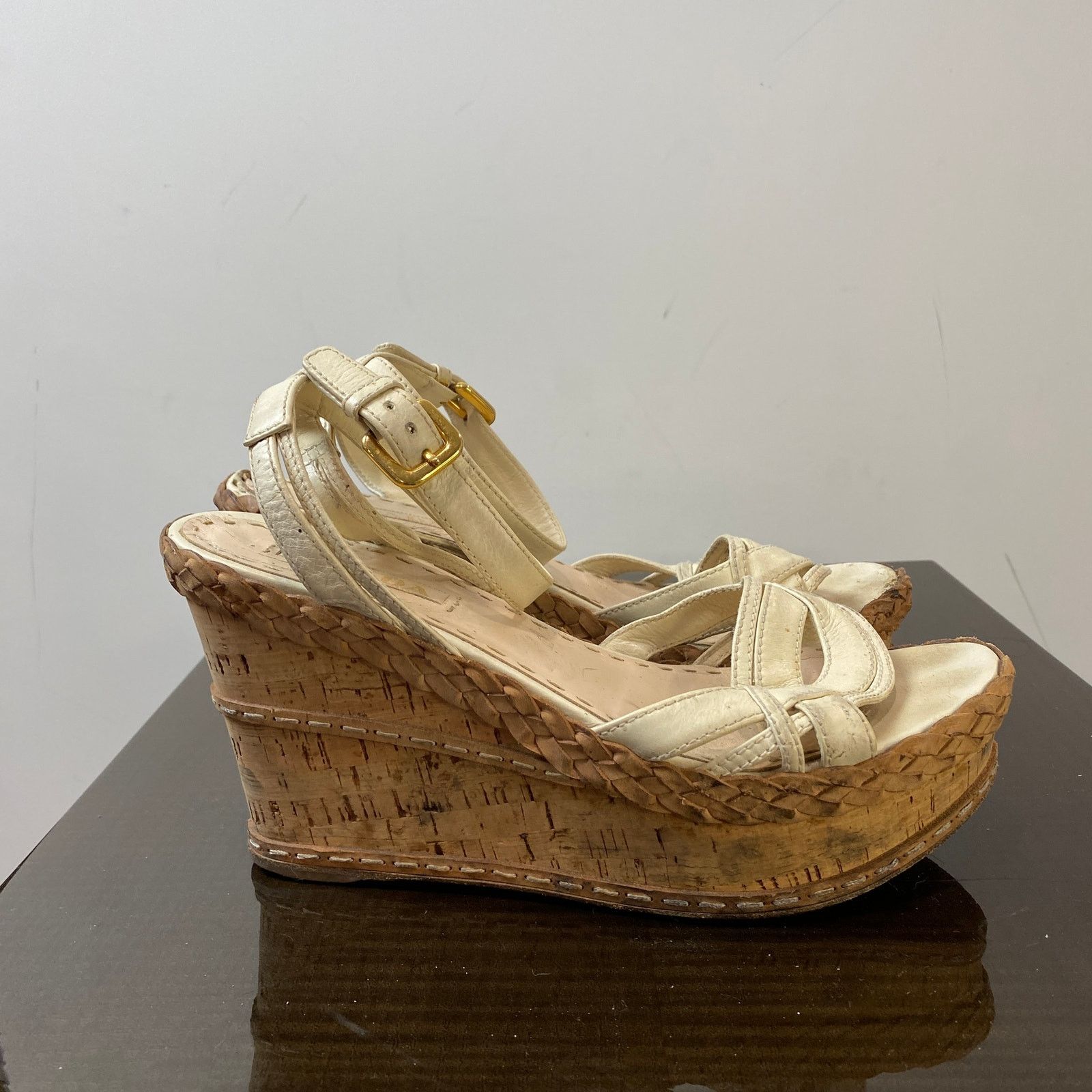 Prada Prada Cork Wedge Leather Ankle Strap Sandals Women's 40.5 Size US 10.5 / IT 40.5 - 4 Thumbnail