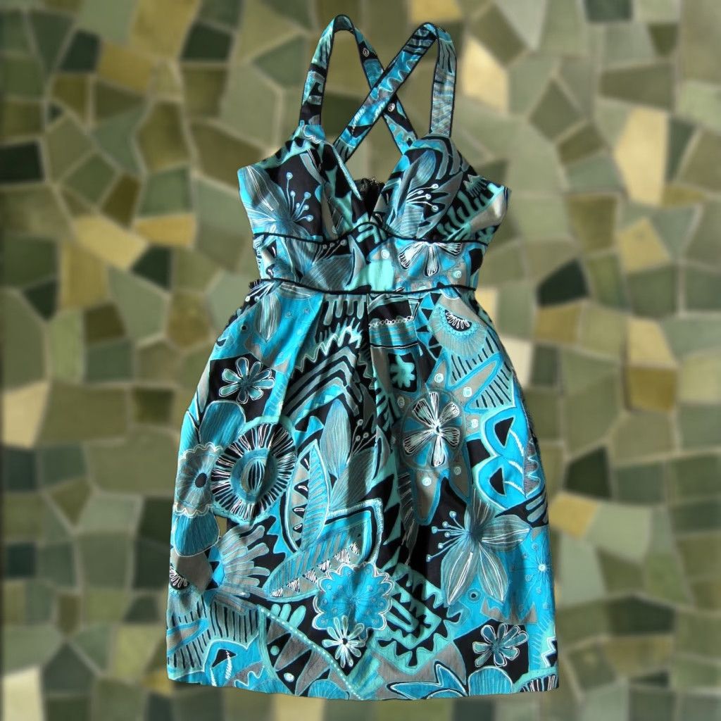 Vintage Corey P. Blue Black Floral Tank Dress 8 Sun Dress Knee Length Pockets Back Crisscross Empire Waist 8 Womens Vintage Size M / US 6-8 / IT 42-44 - 1 Thumbnail