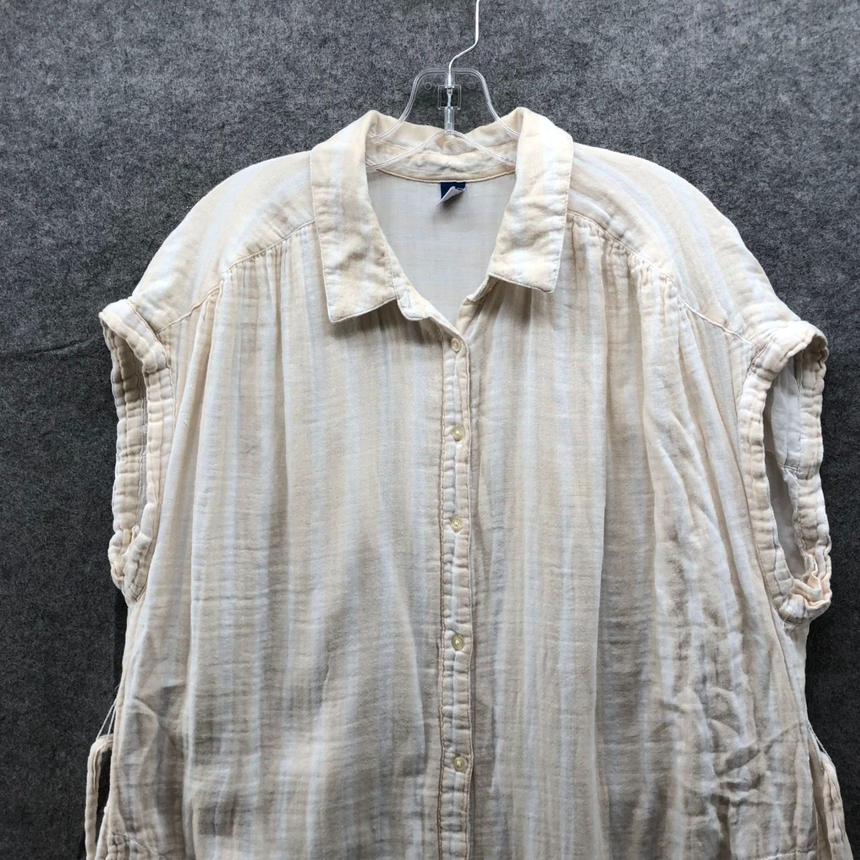 Old Navy Old Navy Shirt Dress XL Short Sleeve Beige White Striped Tie Waist Pockets Linen Midi Casual Casual Womens Size XL / US 12-14 / IT 48-50 - 3 Thumbnail