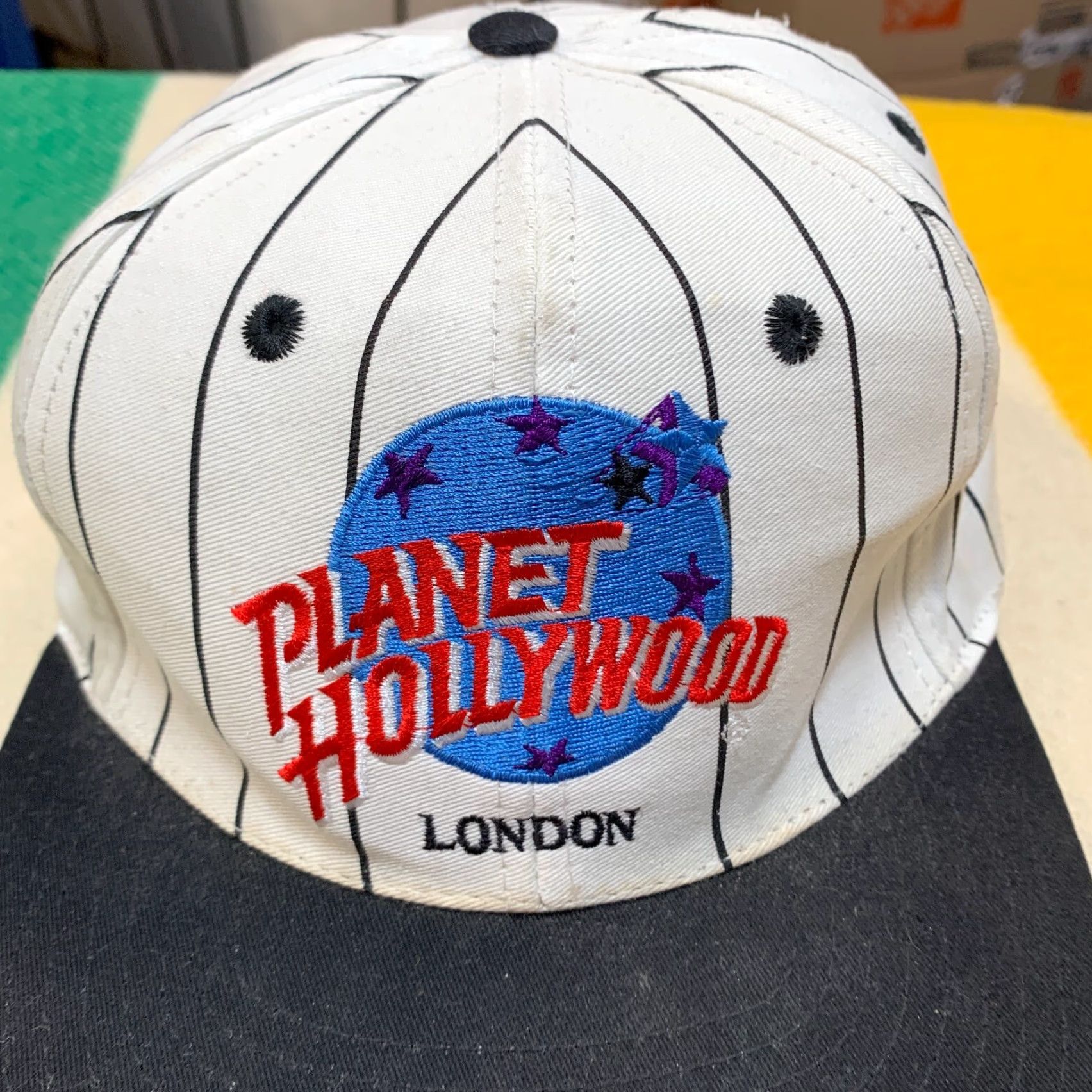 Planet Hollywood VINTAGE Planet Hollywood SnapBack Hat Men One Size White Pin Striped Adult One Size Hat Mens White Pin Stripe 90s Event Merchandise Size ONE SIZE - 2 Thumbnail