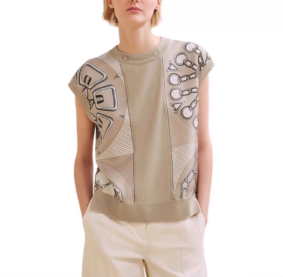 Hermes HERMES Beige Short Chain Geo Print Knitted Satin Women's 34 Size XS / US 0-2 / IT 36-38 - 7 Thumbnail
