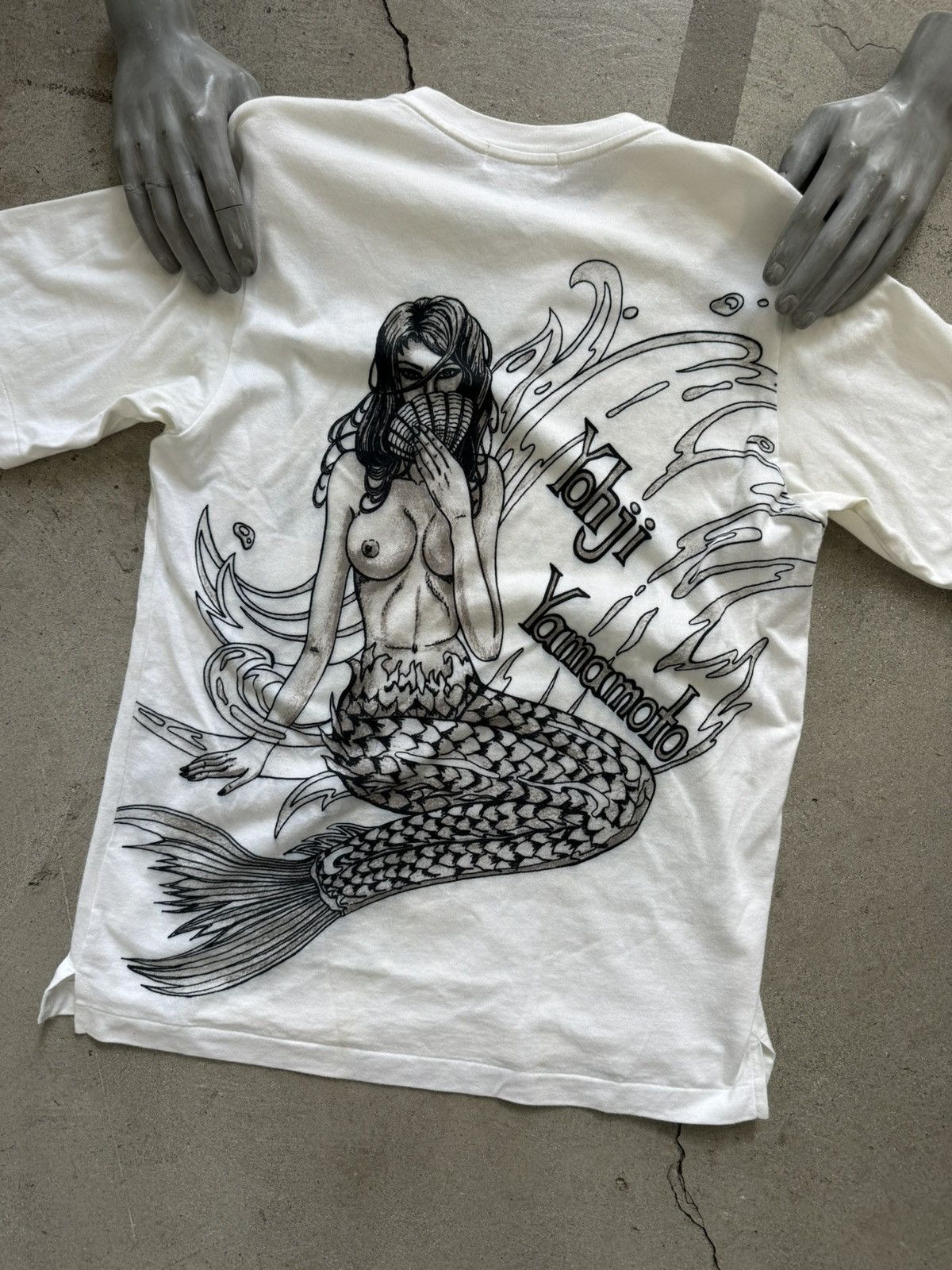 Image of Archive 90's Yohji Yamamoto Painted Sketch Mermaid Shirt in White, Men's (Size Small)