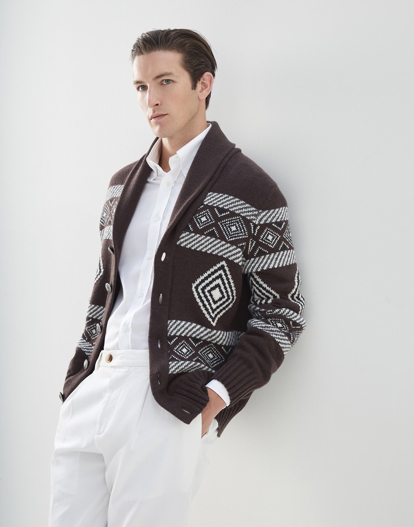 Brunello Cucinelli o1w1db10225 Cashmere Cardigan in Brown/White Size US XL / EU 56 / 4 - 4 Thumbnail