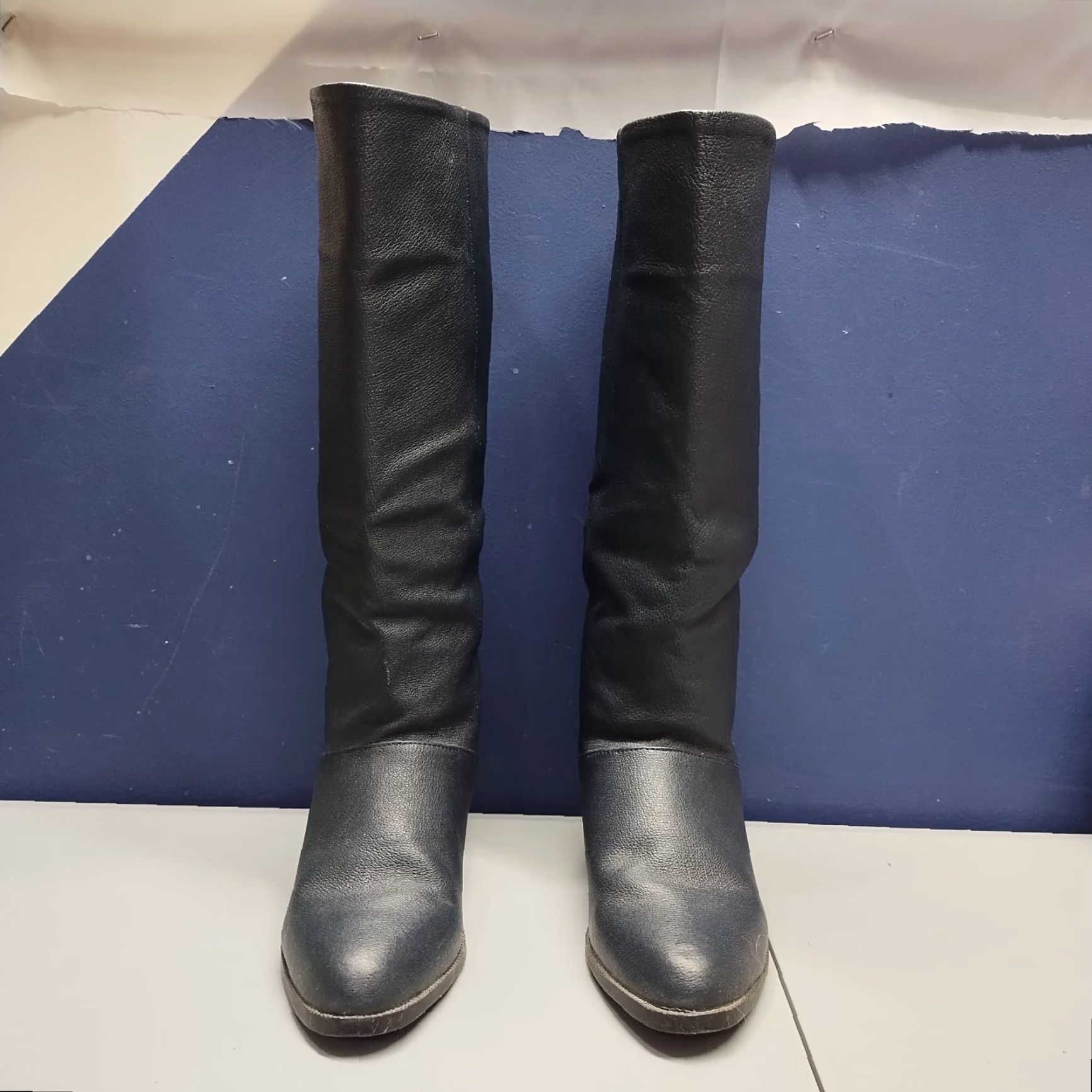 Vintage Bagatelle Navy Leather Knee High Boots Womens US 6M Almond Toe Rubber Sole Block Heel Formal Workwear Size ONE SIZE - 2 Thumbnail