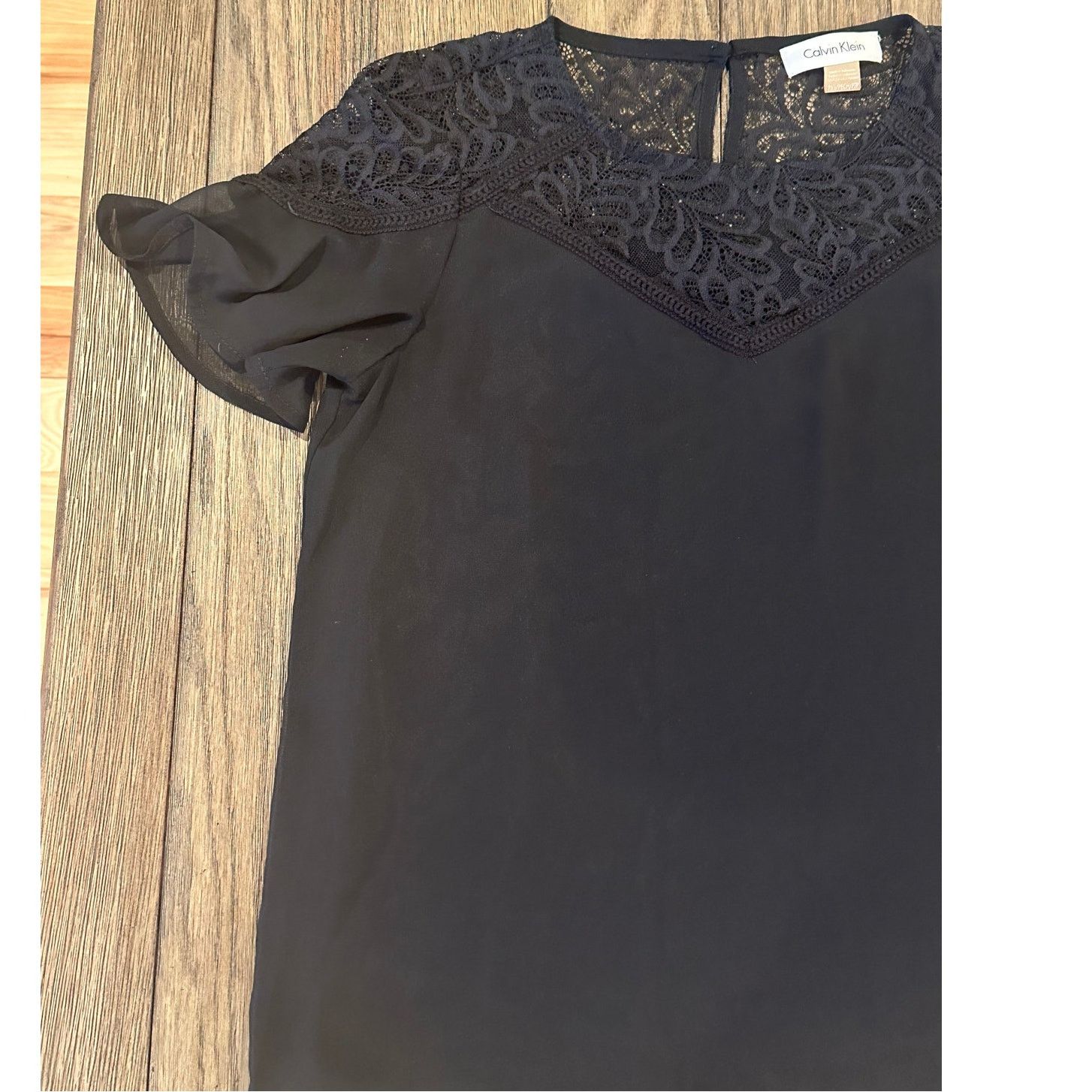 Calvin Klein Calvin Klein Women's Black Lace Neck Sheer Short Sleeve PXS Size XS / US 0-2 / IT 36-38 - 2 Thumbnail