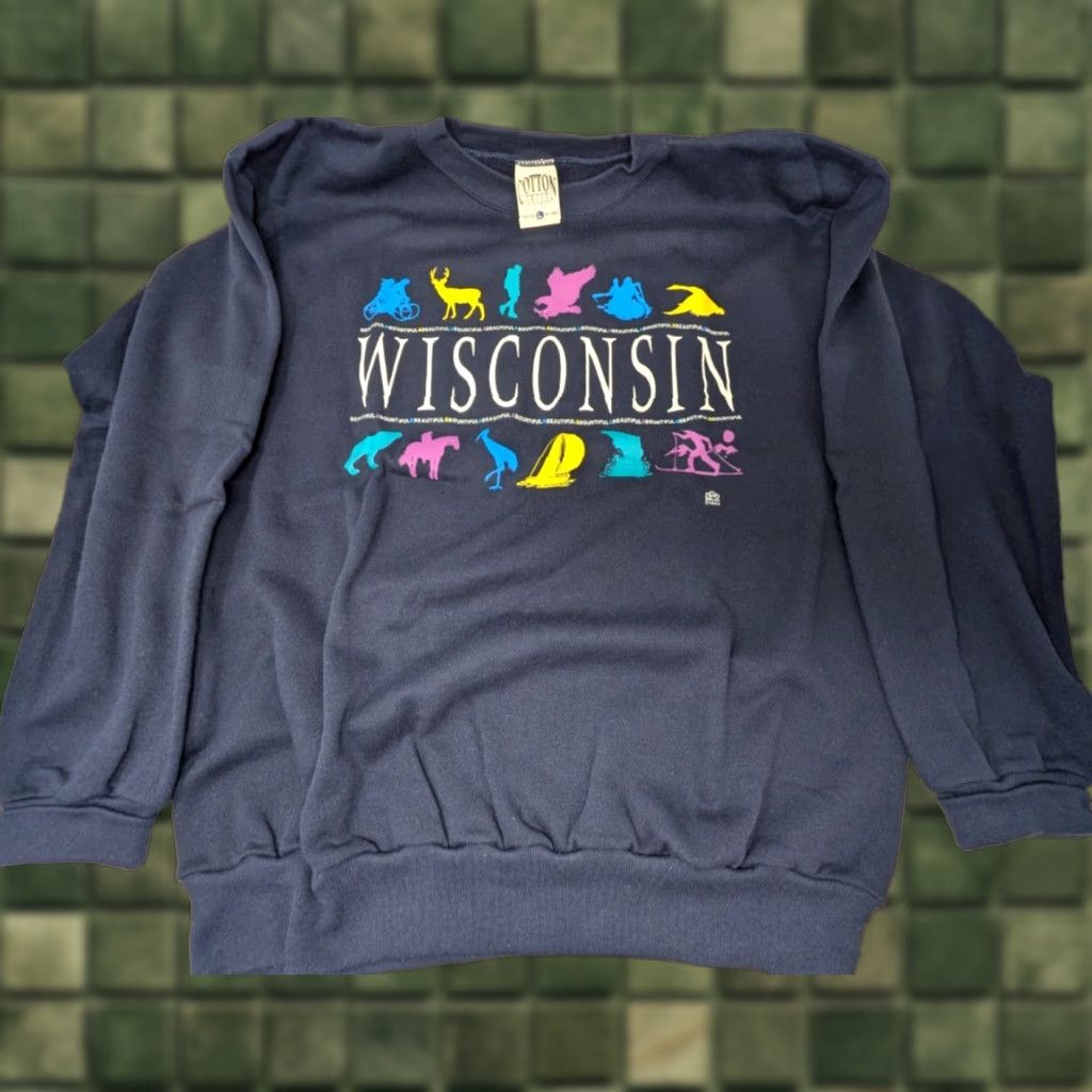 Vintage VINTAGE LSJ Sportswear Sweatshirt Crew Neck L Wisconsin Cotton Grove Navy Blue Graphic Print Pullover Unisex Adults Boys Girls Mens Womens Size US L / EU 52-54 / 3 - 1 Thumbnail