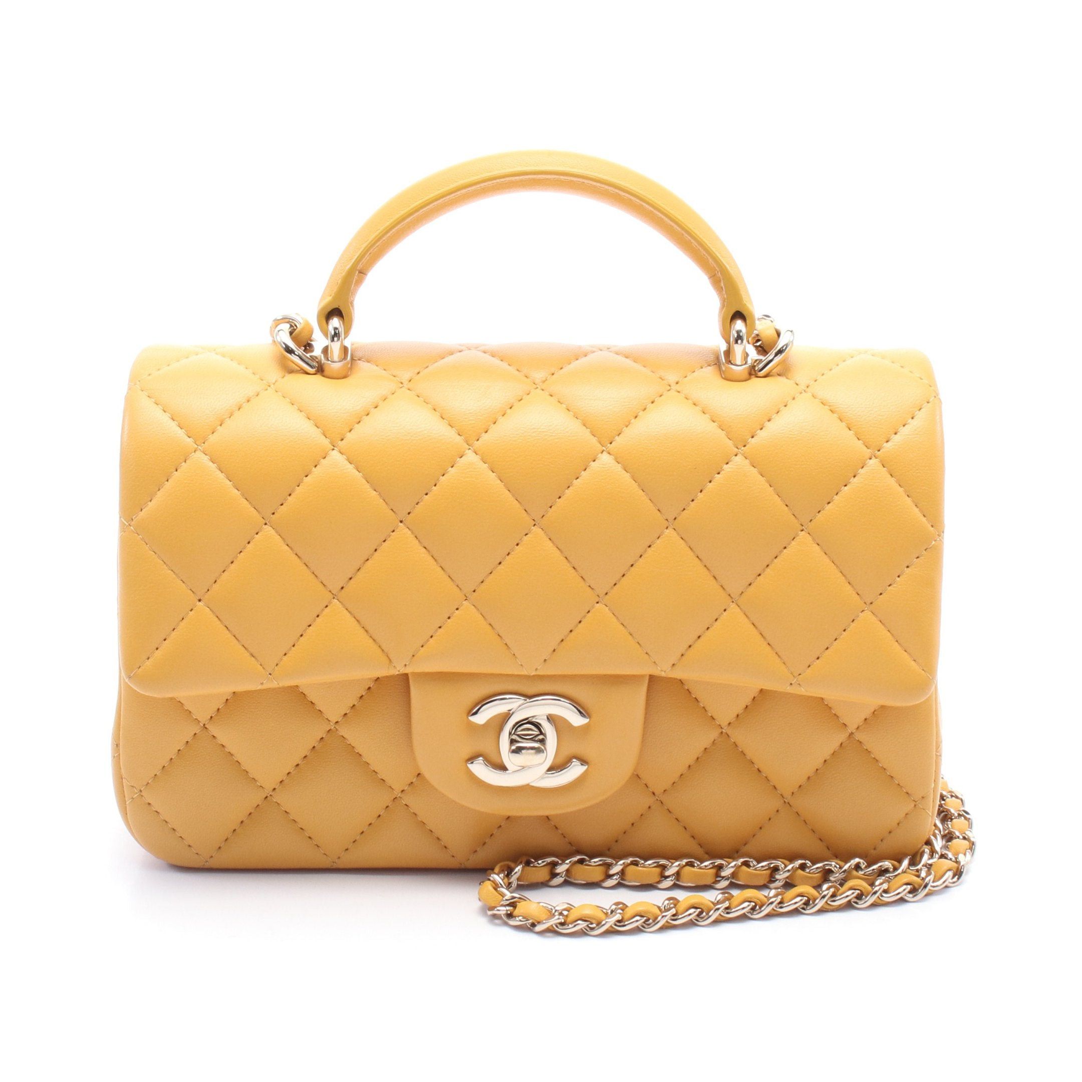Chanel Matelasse Top Handle Mini Flap Chain Shoulder Bag Leather Yellow Gold Hardware, Women's