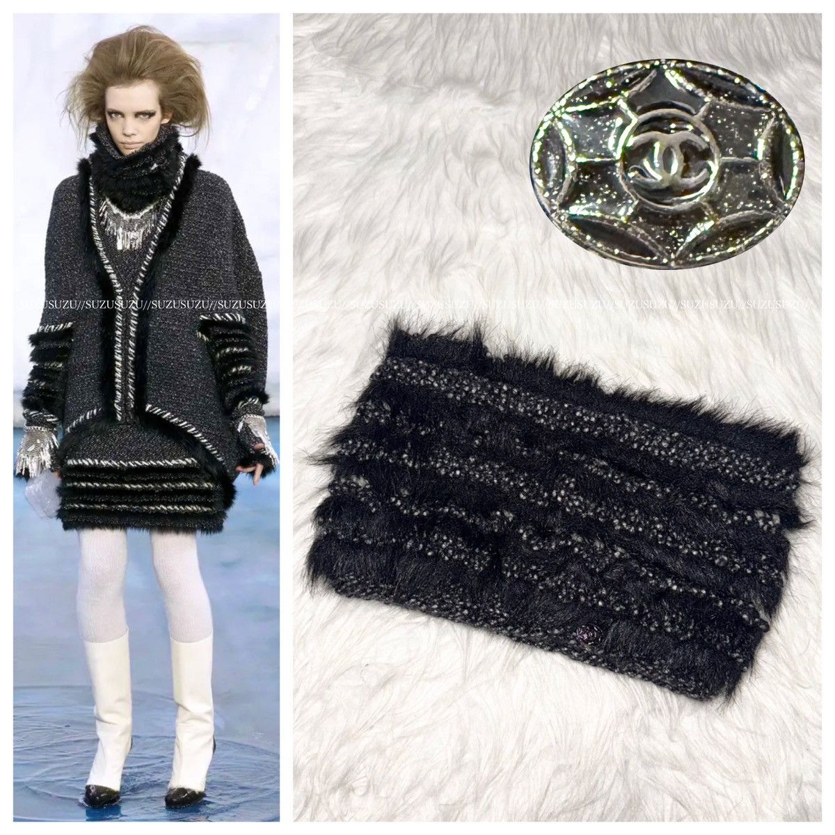Chanel Authentic Chanel COCO-decorated tweed fur snood scarf M Size ONE SIZE - 1 Thumbnail