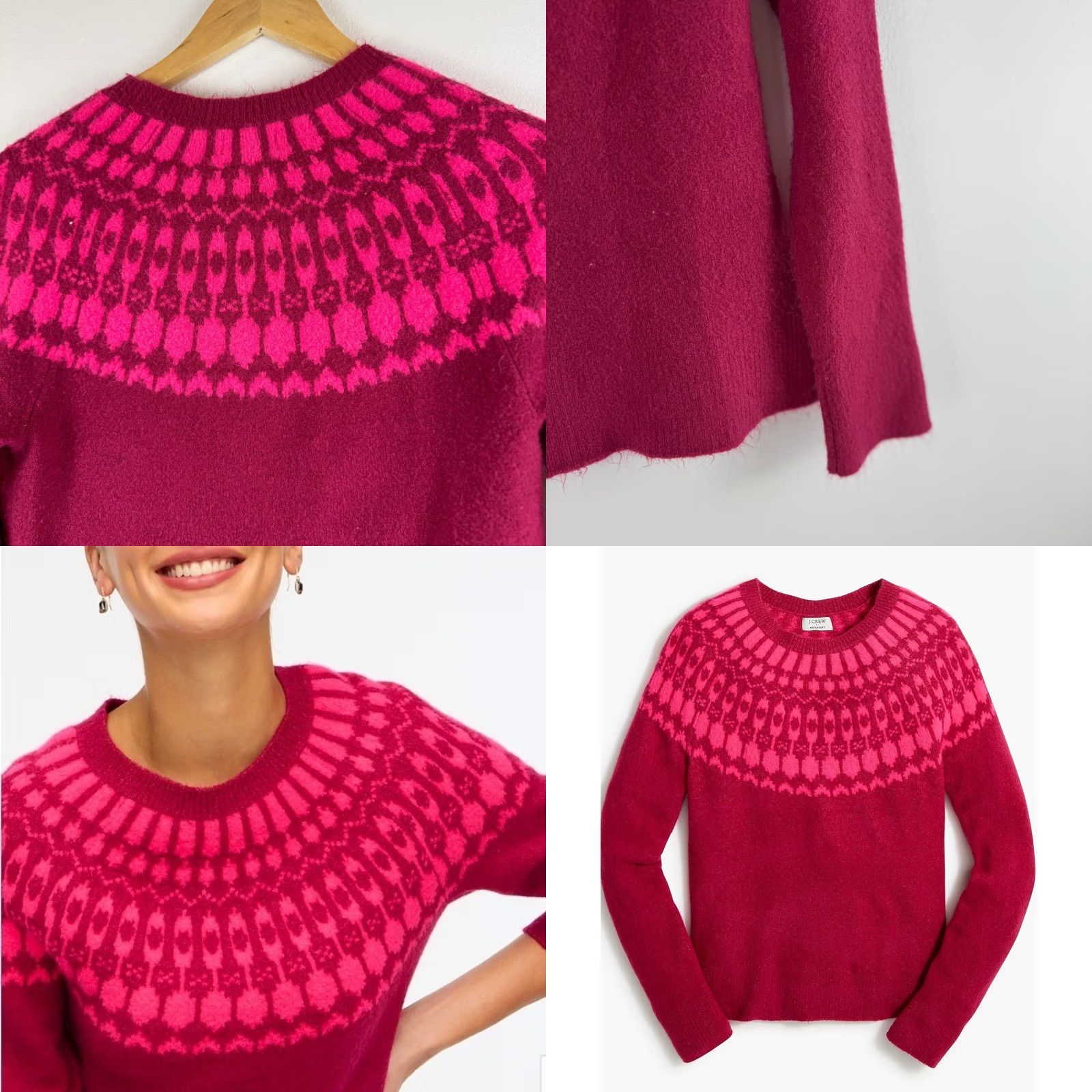 J.Crew J.Crew Fair Isle Crewneck Sweater Extra-Soft Pink Necklace Burgundy Womens XS Size XS / US 0-2 / IT 36-38 - 9 Thumbnail