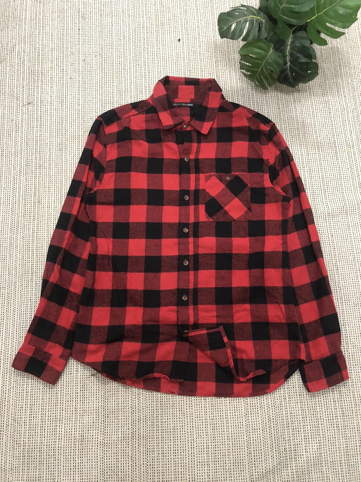 Issey Miyake × Japanese Brand × Tete Homme TETE HOMME BY ISSEY MIYAKE RED BLACK FLANNEL LS SHIRT Size US L / EU 52-54 / 3 - 2 Thumbnail