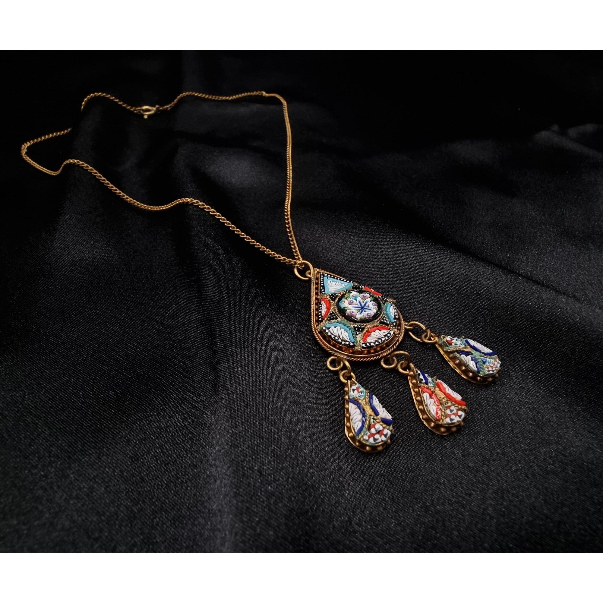 Vintage Vintage Italian Gold-Tone Mosaic Pendant Necklace With Dangl Size ONE SIZE - 2 Thumbnail