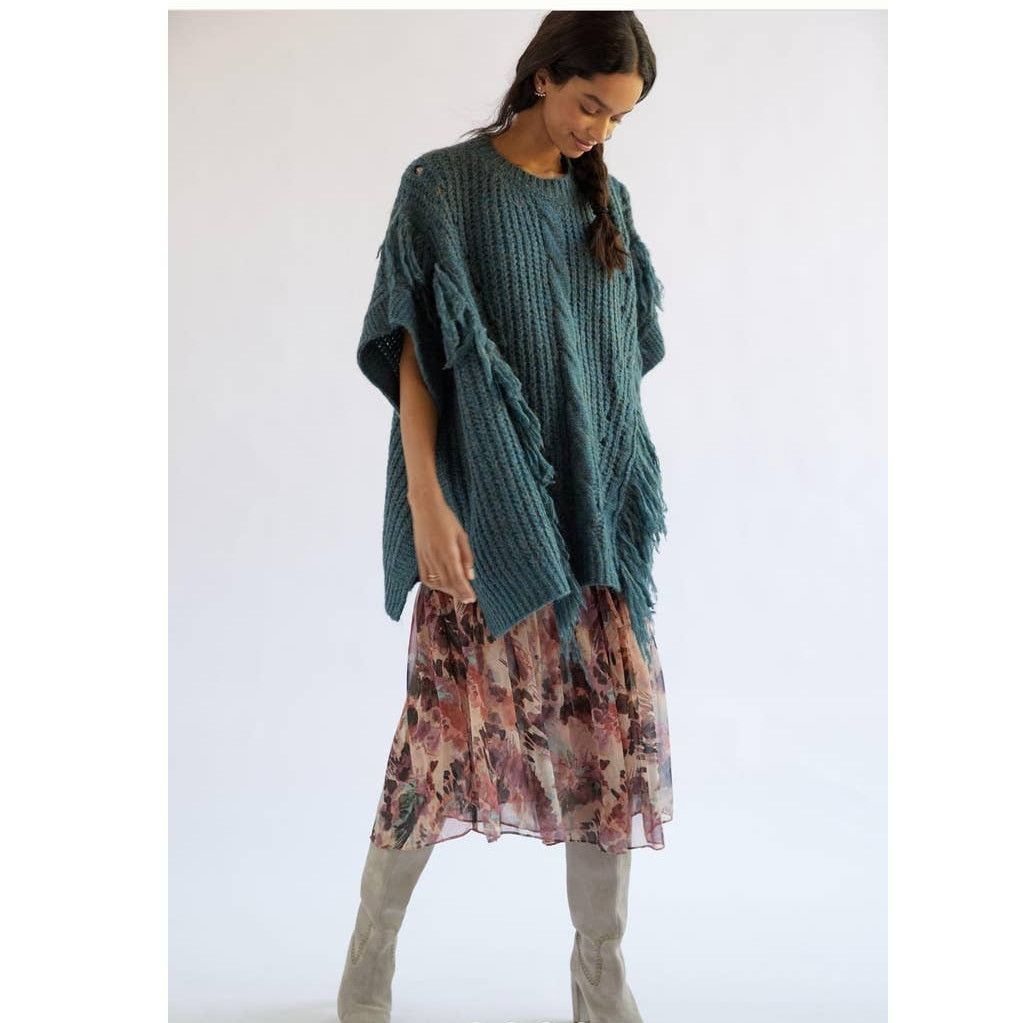 Anthropologie New Marled Fringe Cable Knit Poncho $120 ONESIZE Turquoise Size ONE SIZE - 2 Thumbnail