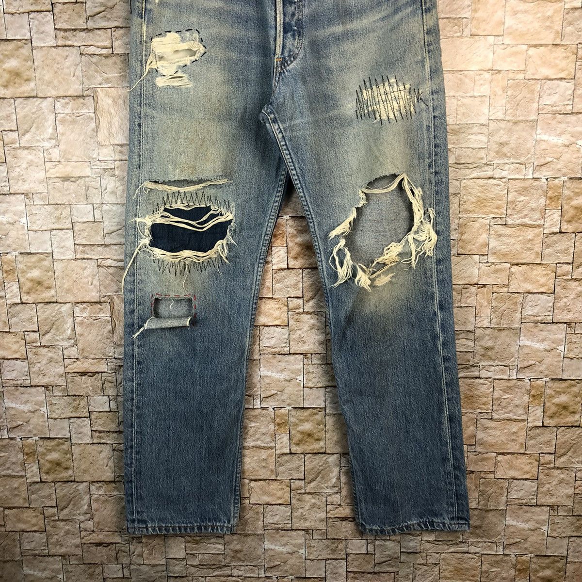 Levi's D 501 Levis patchwork ripped Distressed Denim Pants #A1013 Size US 32 / EU 48 - 3 Thumbnail