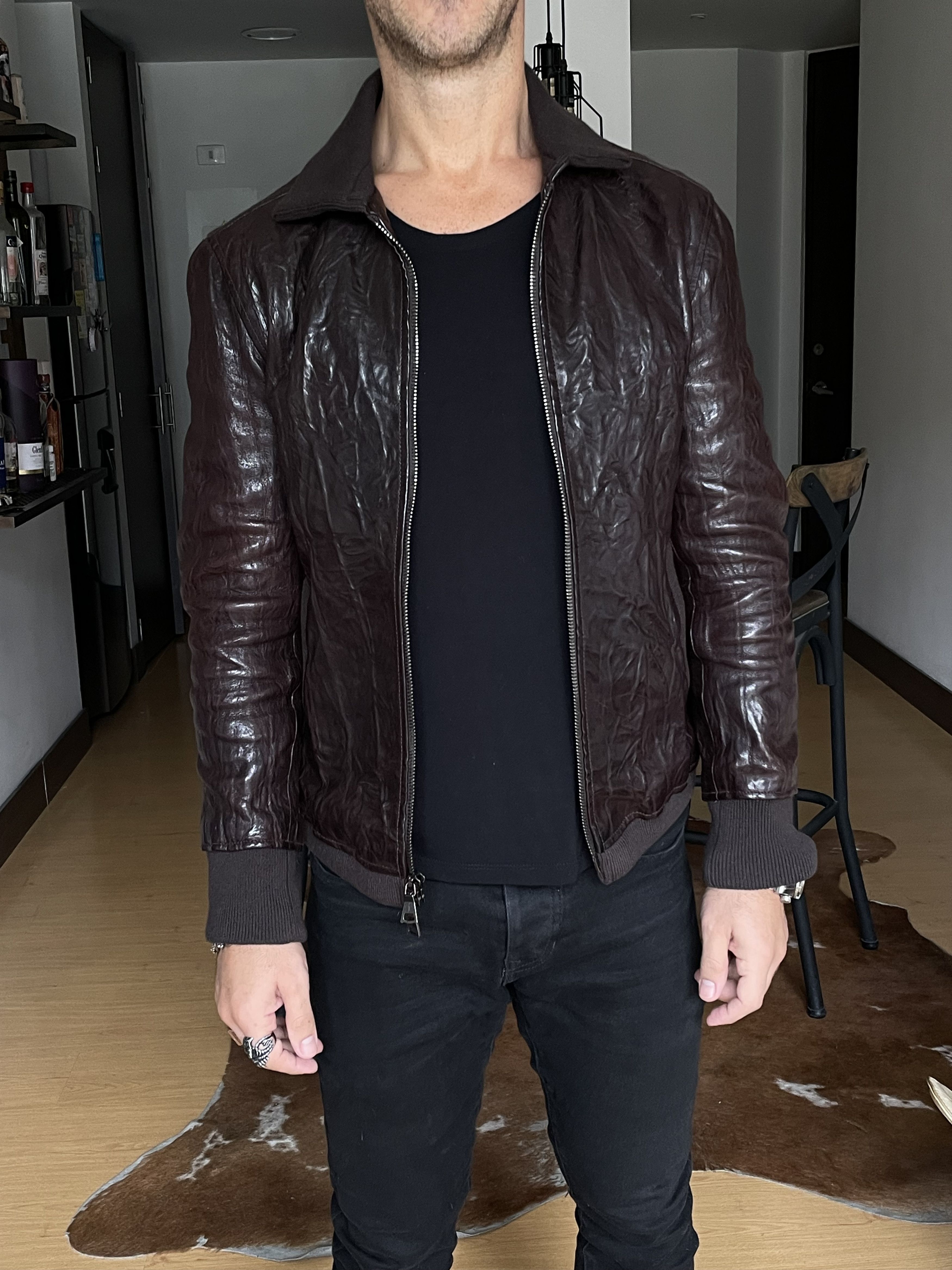 John Varvatos John Varvatos Crinkled Bomber Leather Jacket Brown $2698 Size US S / EU 44-46 / 1 - 18 Thumbnail