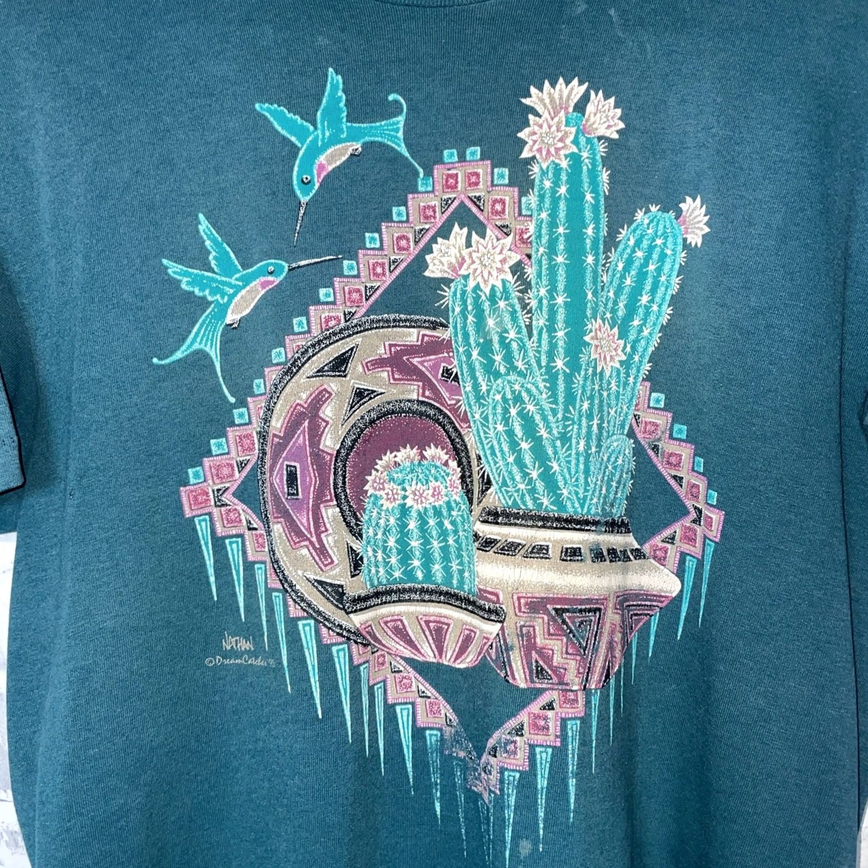 Vintage Oneita Tee Mens M Green VTG Desert Cactus Graphic Single Stitch Size US M / EU 48-50 / 2 - 2 Thumbnail