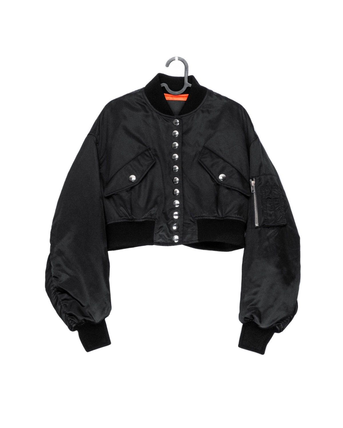 image of Alexander Wang Cropped Padded Satin Black Bomber Jacket, Women's (Size Small)