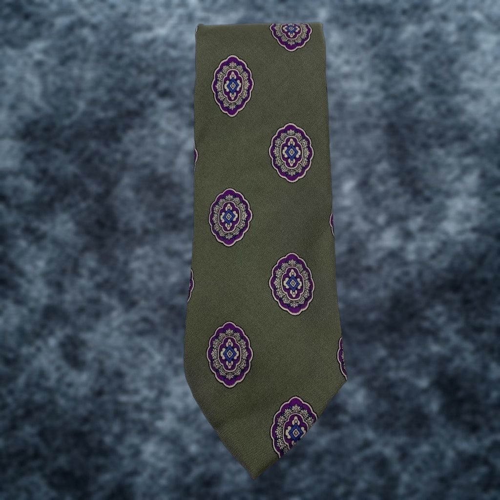Vintage VINTAGE Kuppenheimer Tie Green Purple Medallion 100% Silk Hand Sewn in Italy Tie Men Classic 57"-60" Abstract Geometric Size ONE SIZE - 1 Thumbnail