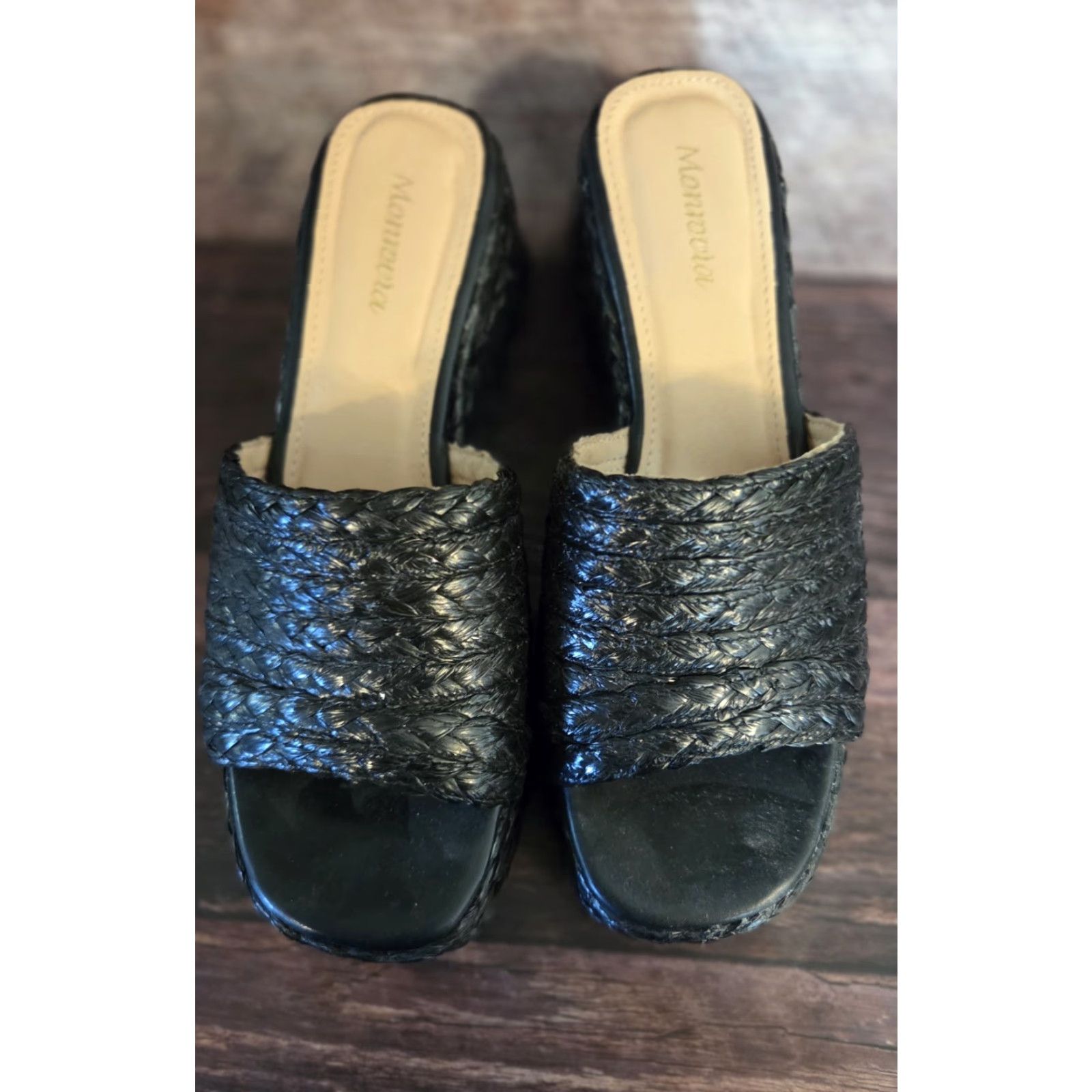 Vintage Monrovia Platform Sandal Women 9.5 Black Jute Raffia Open Toe Wedge Espadrille Summer Size US 10 / IT 40 - 2 Thumbnail