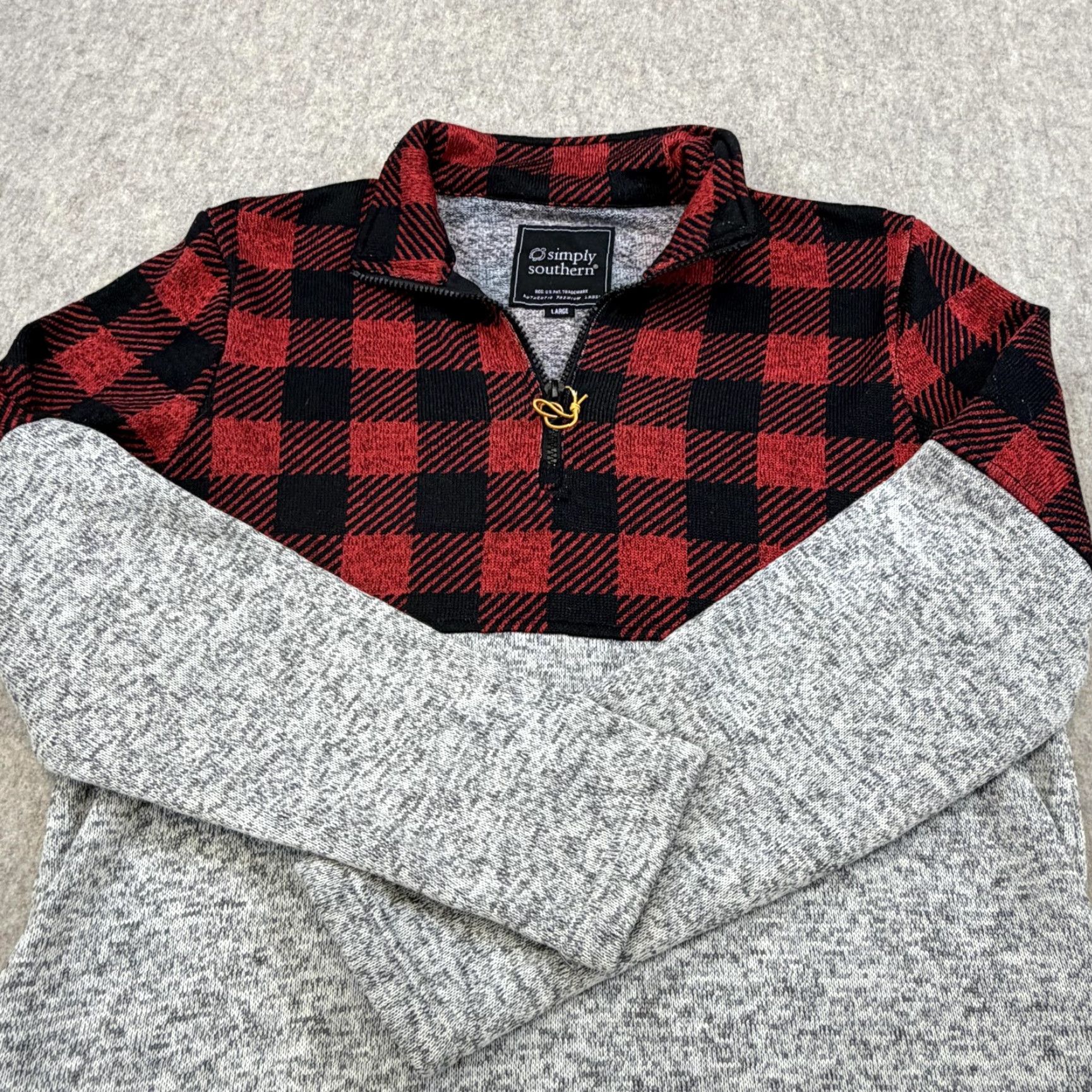 Vintage Simply Southern Sweater Womens Large Red Plaid Gray Quarter Zip Pullover Size L / US 10 / IT 46 - 6 Thumbnail