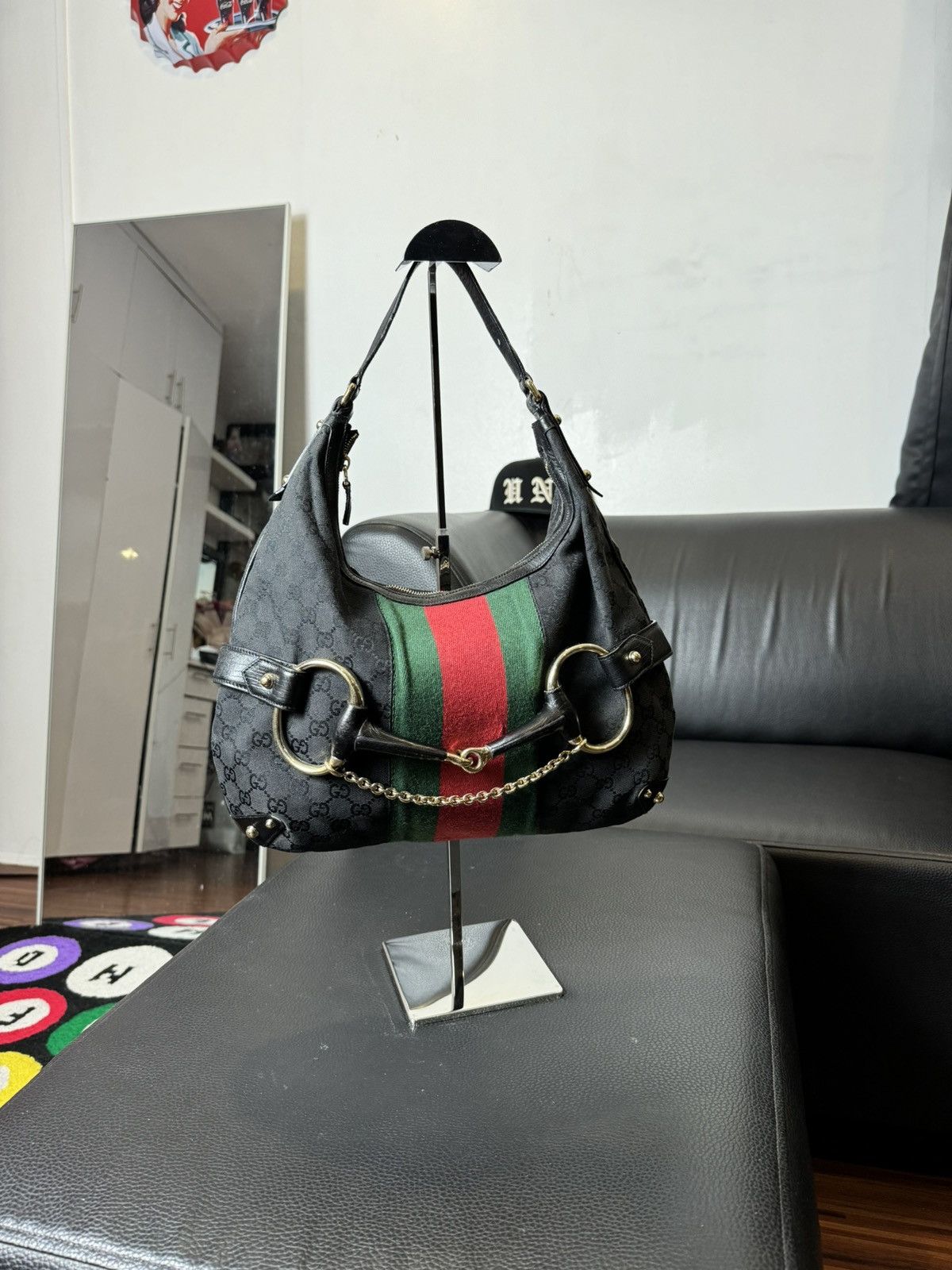 Gucci Gucci Black GG Canvas and Leather Horsebit Web Hobo Size ONE SIZE - 2 Thumbnail
