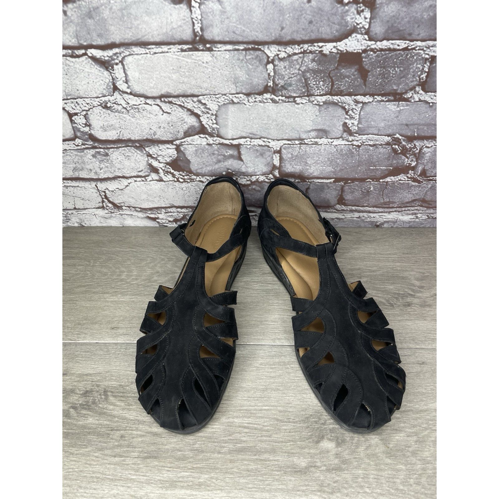 Beautiful Ful BeautiFeel Black Suede Leather Fisherman Strap Wedge Sandals Size US 12 / IT 42 - 13 Thumbnail