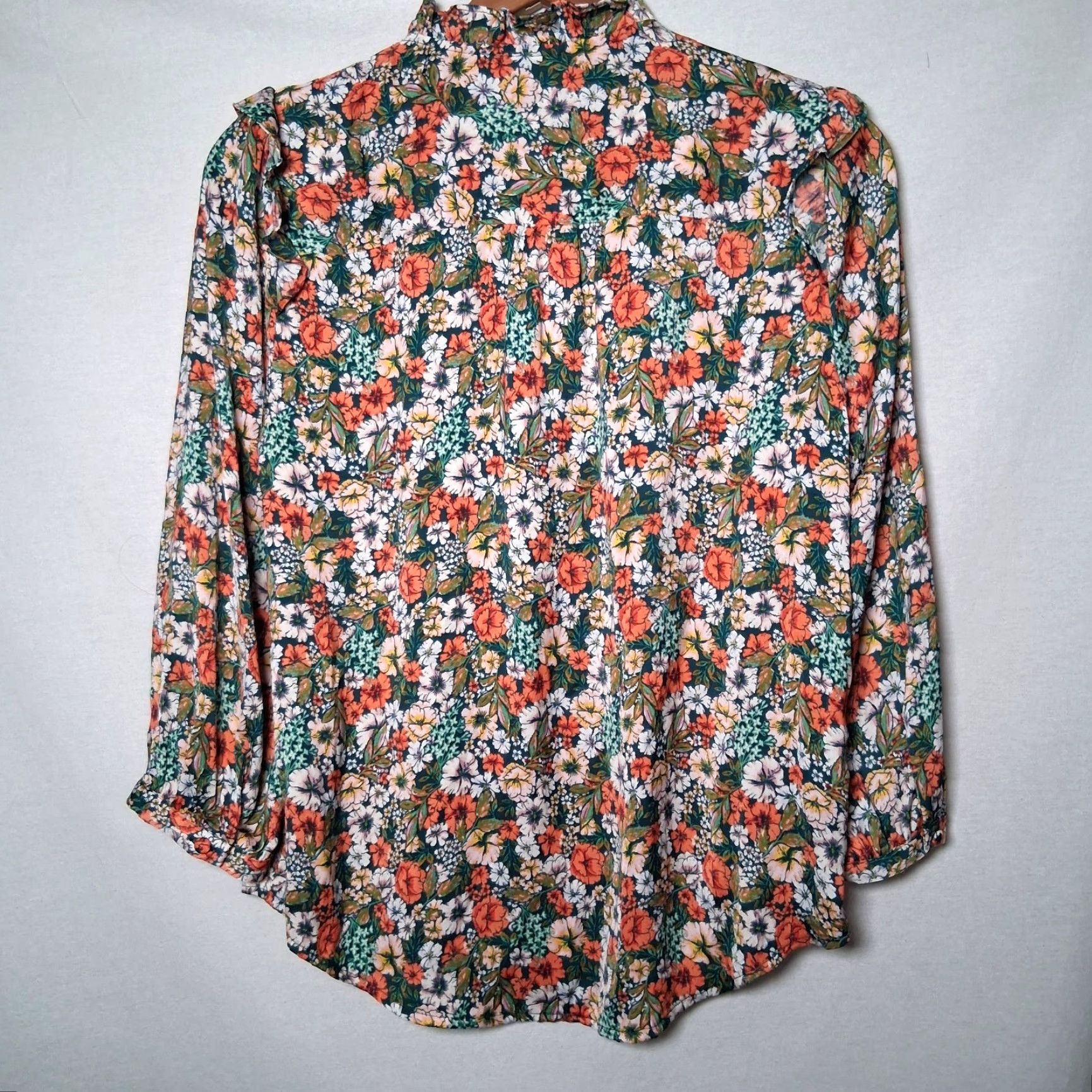 Vintage LC Lauren Conrad Blouse Small Green Peach Floral Button Front Ruffle Boho Country Casual Womens Regular Short? Size S / US 4 / IT 40 - 3 Thumbnail