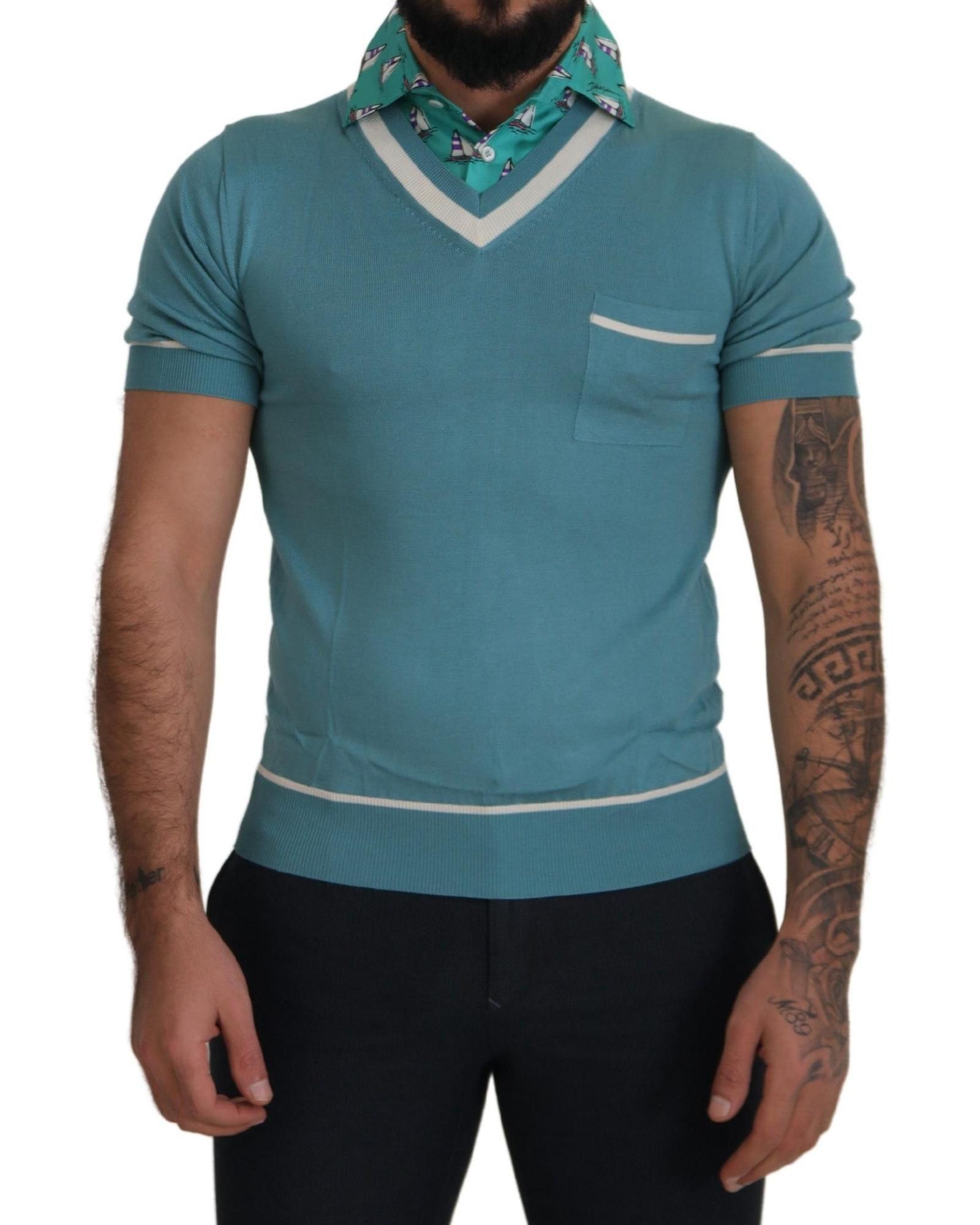 image of Dolce Gabbana Light Silk Polo Top in Blue, Men's (Size Small)