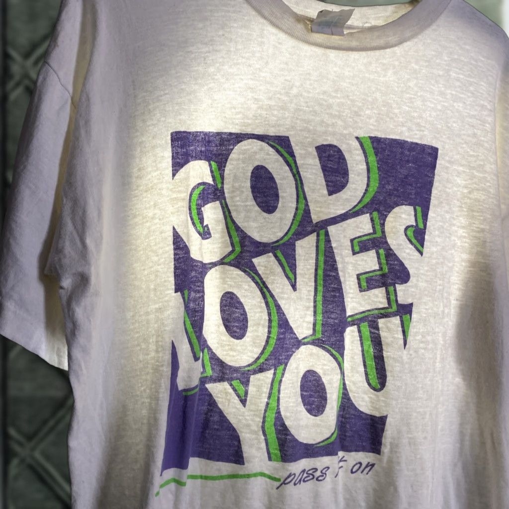 Vintage VINTAGE Jesus T Shirt White Short Sleeve L 90s Unisex God Loves You Pass It On Graphic Tee Cotton Shirt Size US L / EU 52-54 / 3 - 1 Thumbnail