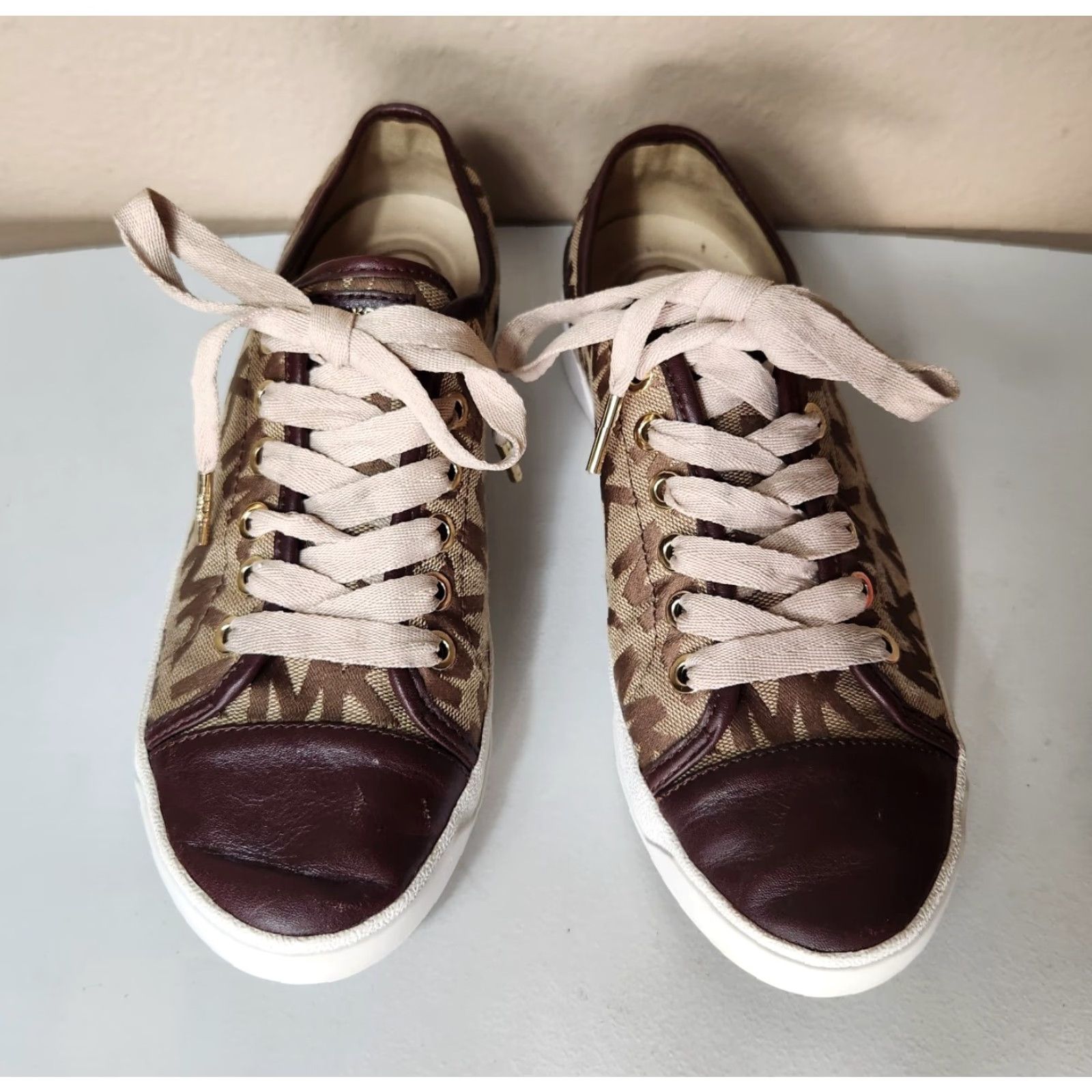 Michael Kors Michael Kors Womens MK Monogram City Leather/Textile Sneakers Size 7 Brown Tan City Designer Sneakers Size US 7 / IT 37 - 2 Thumbnail