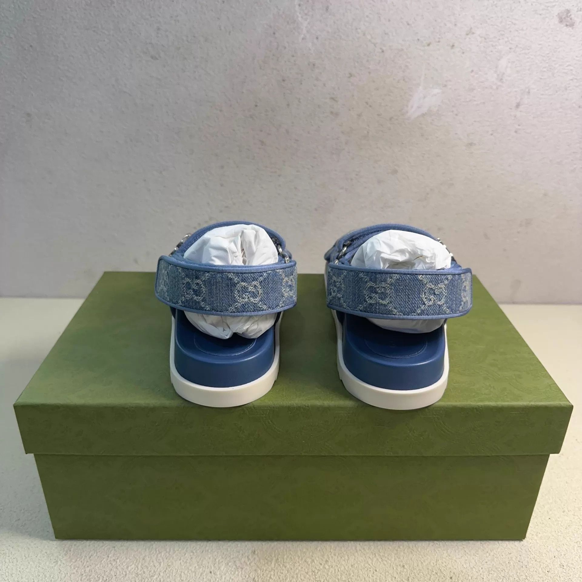 Gucci Women's GUCCI Denim All-Over Double C Velcro Sandal Blue Size US 4.5 / IT 34.5 - 3 Thumbnail