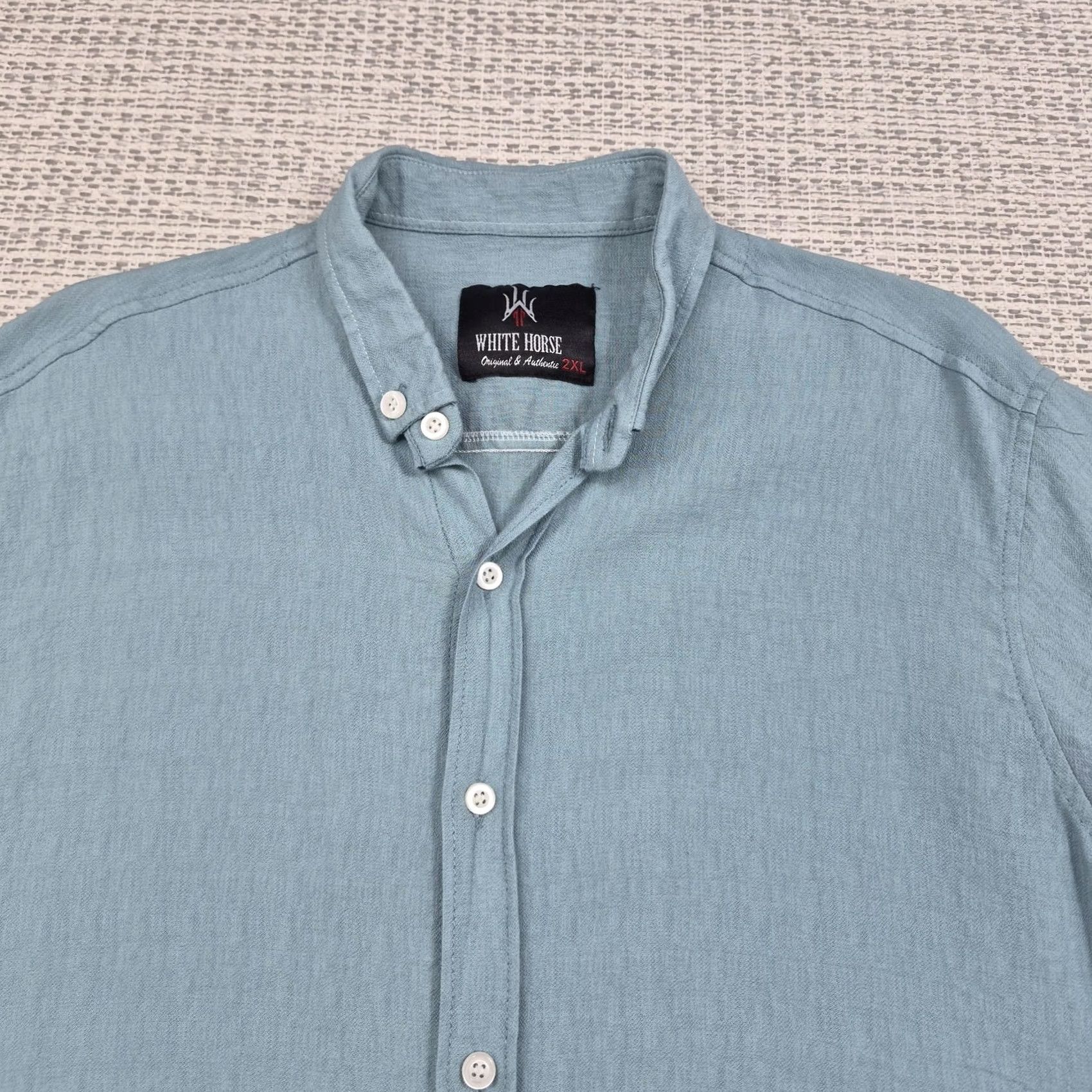 Vintage VINTAGE White Horse Button Up Shirt Mens 2XL Blue Short Sleeve Band Collar Casual Size US XXL / EU 58 / 5 - 4 Thumbnail