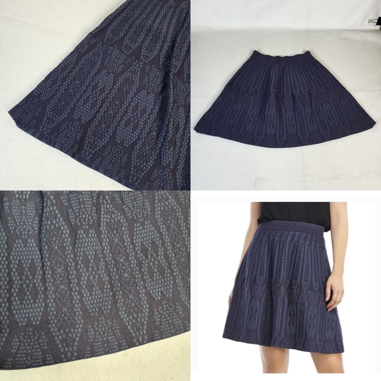 Rebecca Taylor Rebecca Taylor Women's Knit Short Skirt Navy Blue M Flare Stretch Pattern Floral Vintage No Size 32" / US 10 / IT 46 - 8 Thumbnail