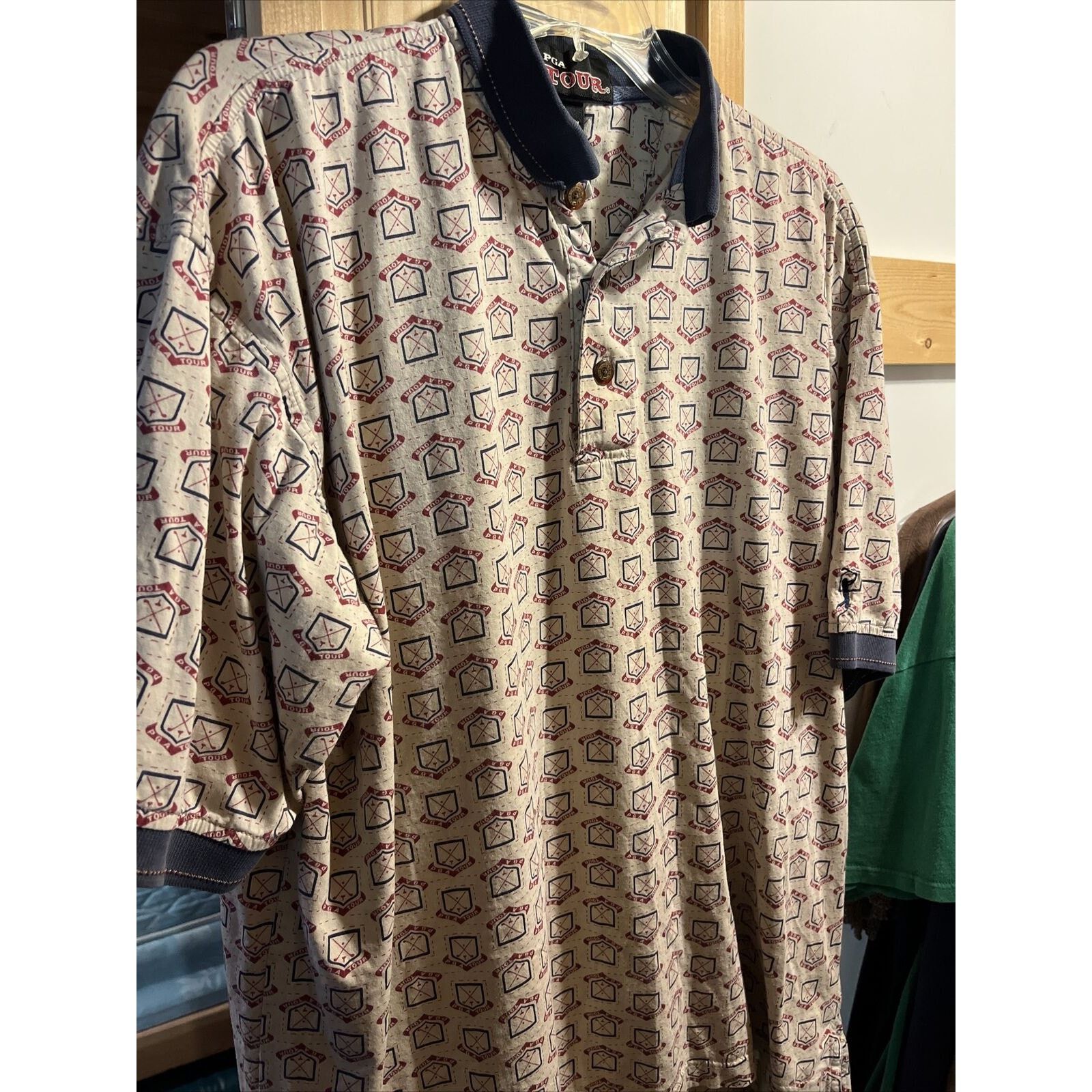 PGA Tour PGA Tour Men’s L Beige PGA Print Button Up Cotton Polo Shirt Size US L / EU 52-54 / 3 - 2 Thumbnail