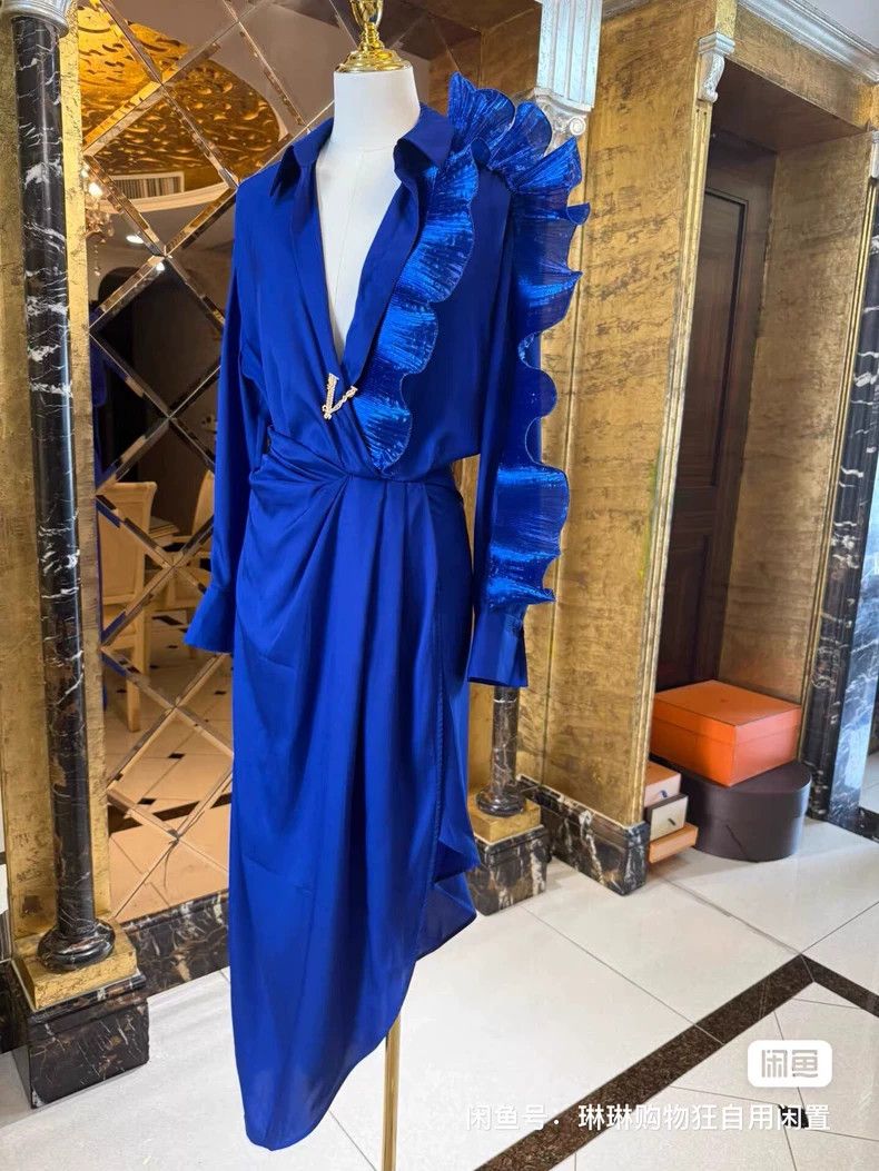 Versace Versace Sapphire Blue Deep Evil V Asymmetrical Dress Size M / US 6-8 / IT 42-44 - 9 Thumbnail