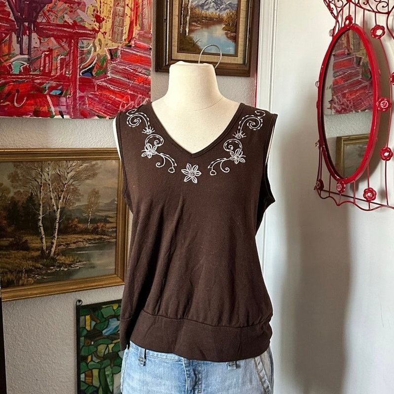 Other agenda brown floral white embroidered tank top Size M / US 6-8 / IT 42-44 - 1 Thumbnail