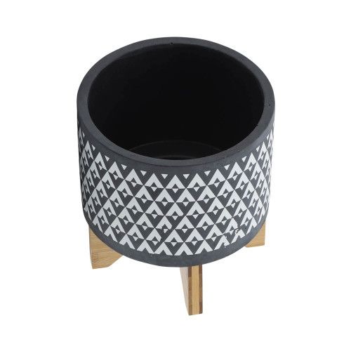 Designer × Homemade CERAMIC 8" AZTEC PLANTER ON WOODEN STAND, GRAY Size US L / EU 52-54 / 3 - 5 Thumbnail