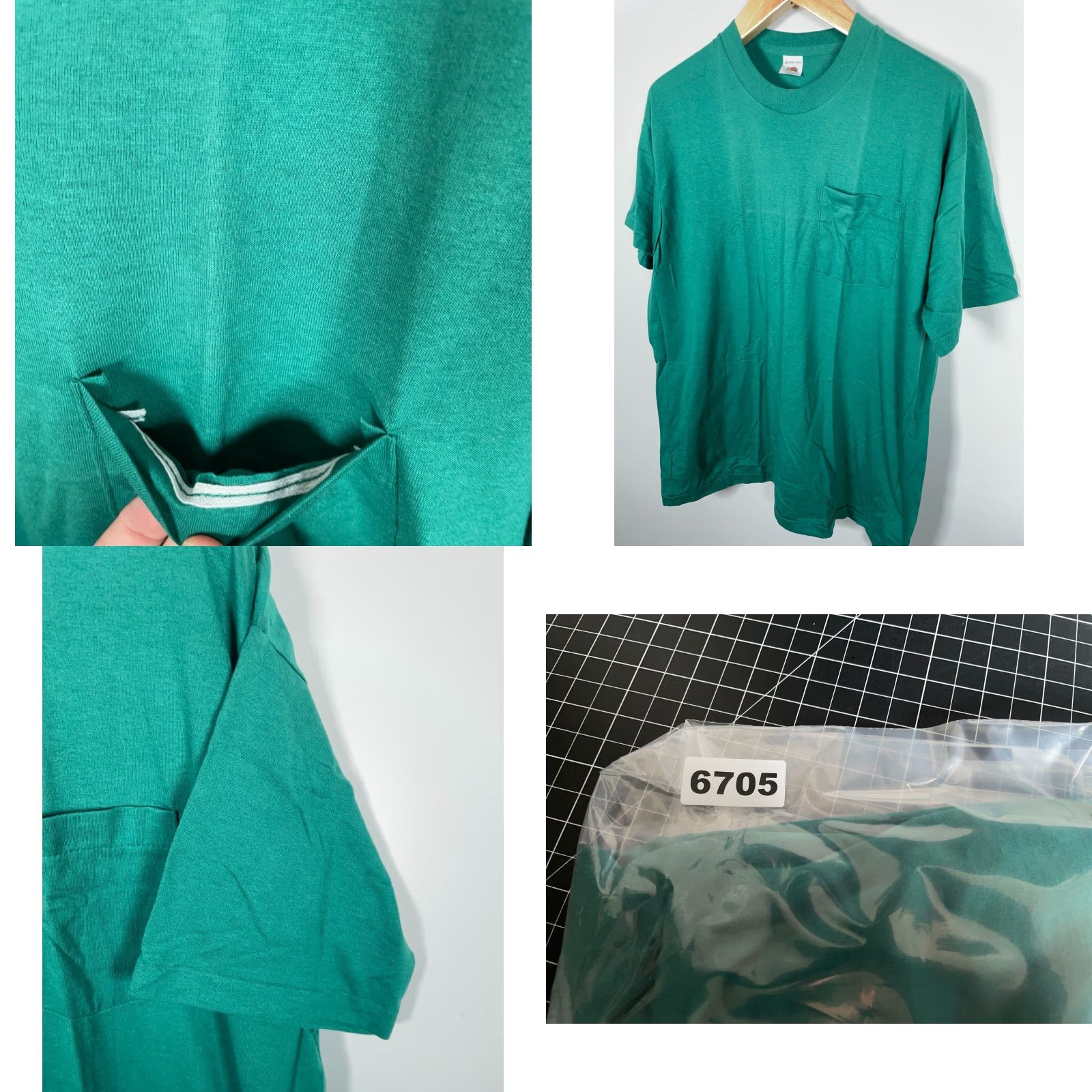 Fruit Of The Loom Vintage Yes Fruit of the Loom 80s Pocket T-Shirt Green 3XL Single Stitch Blank Solid Cotton Jersey Size US XXL / EU 58 / 5 - 8 Thumbnail