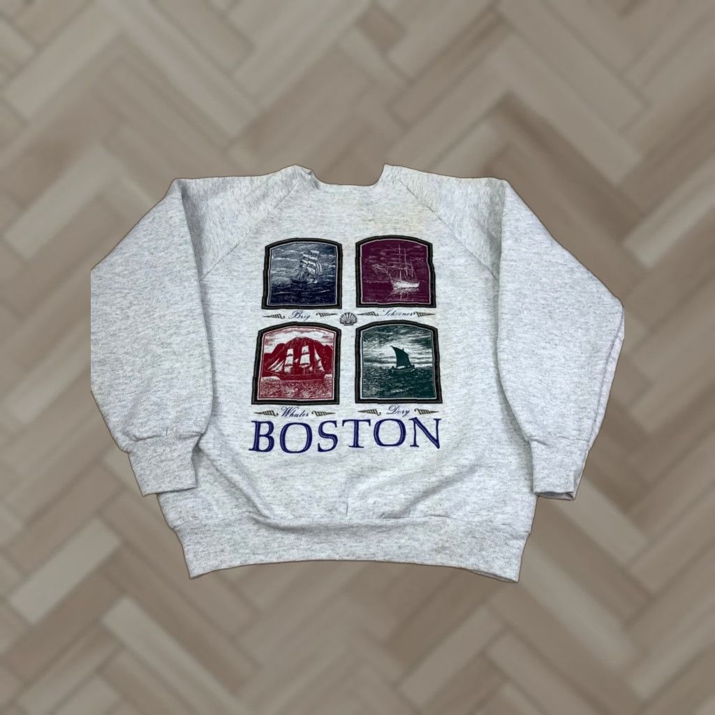 Fruit Of The Loom VINTAGE Boston Sweatshirt Pullover Adult M Gray Casual Sailing Ships USA 90s Nautical Graphic Print Sweatshirt Pullover Mens Gray Boston Ships 90s USA Size US M / EU 48-50 / 2 - 1 Thumbnail